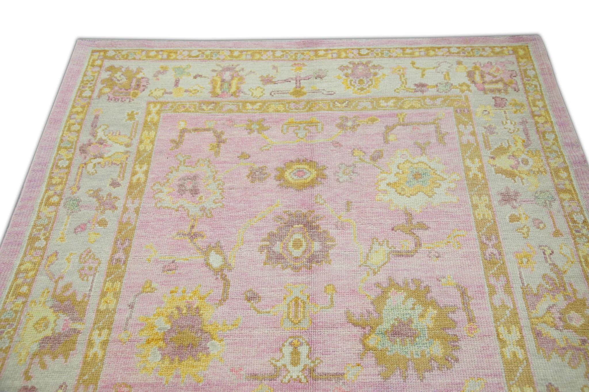 Floral Handwoven Wool Turkish Oushak Rug in Soft Pink and Yellow 5'3