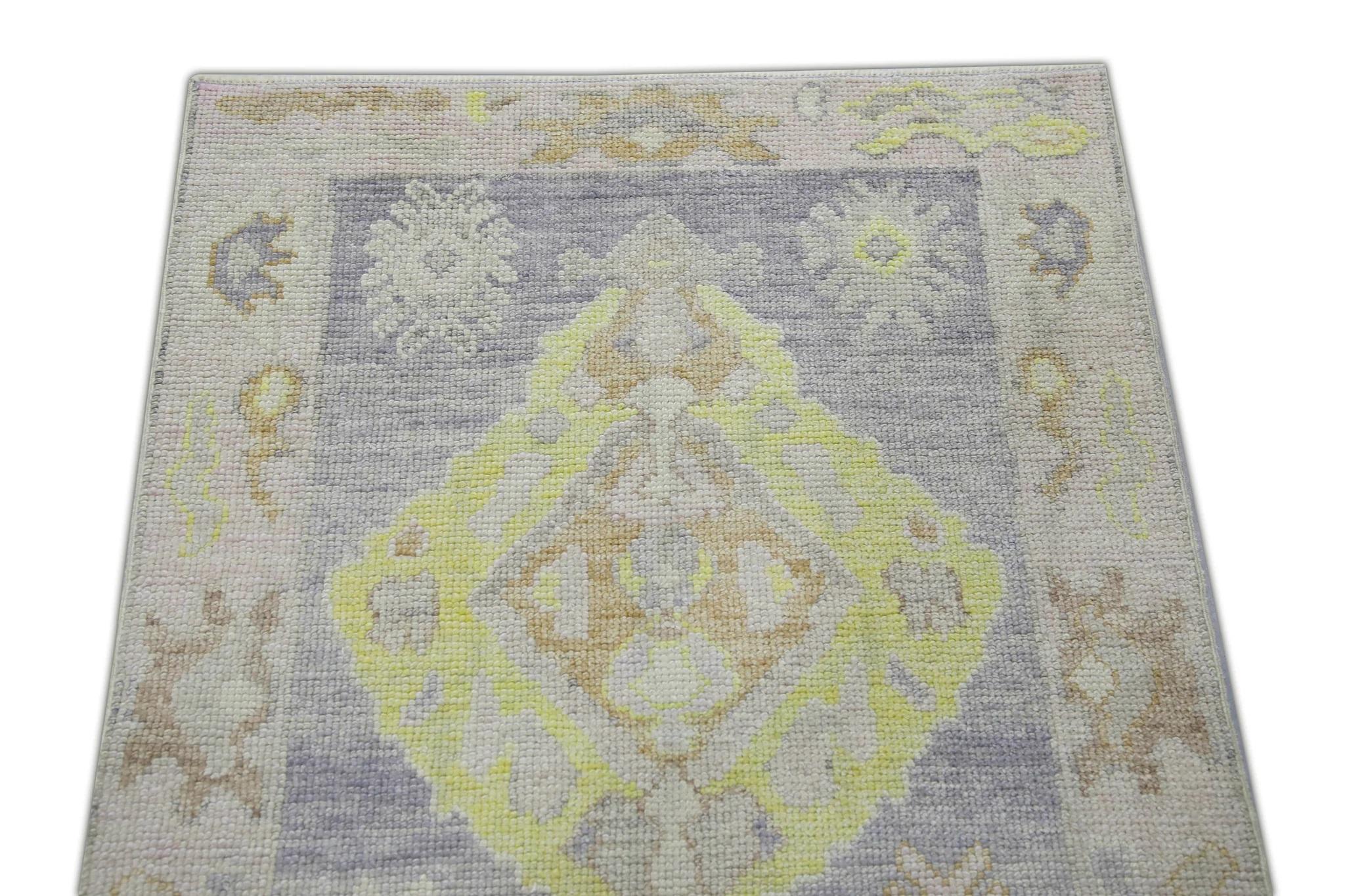 Purple and Yellow Floral Handwoven Wool Turkish Oushak Rug 2'9