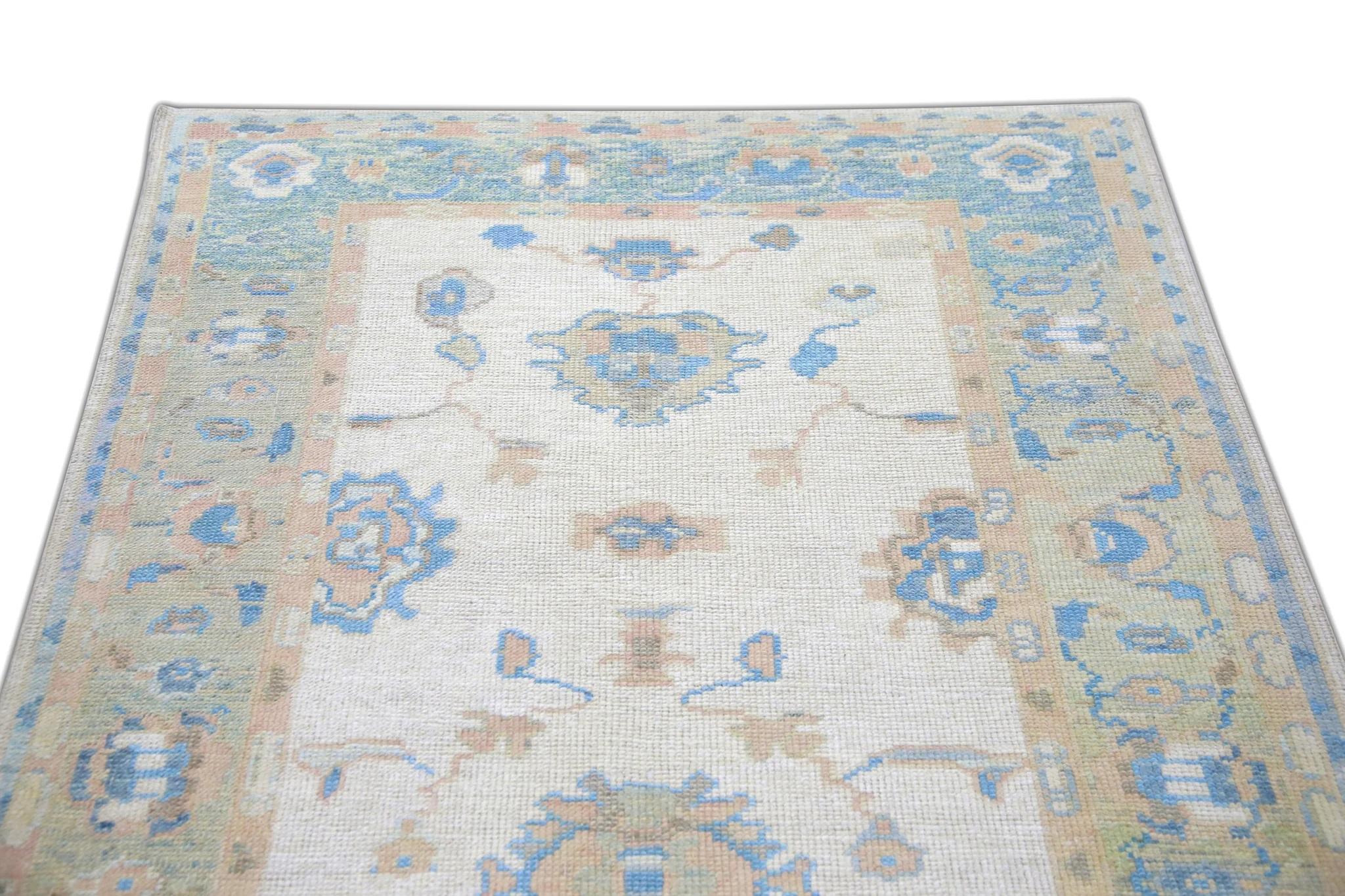 Floral Handwoven Wool Turkish Oushak Rug in Green and Blue 3'9