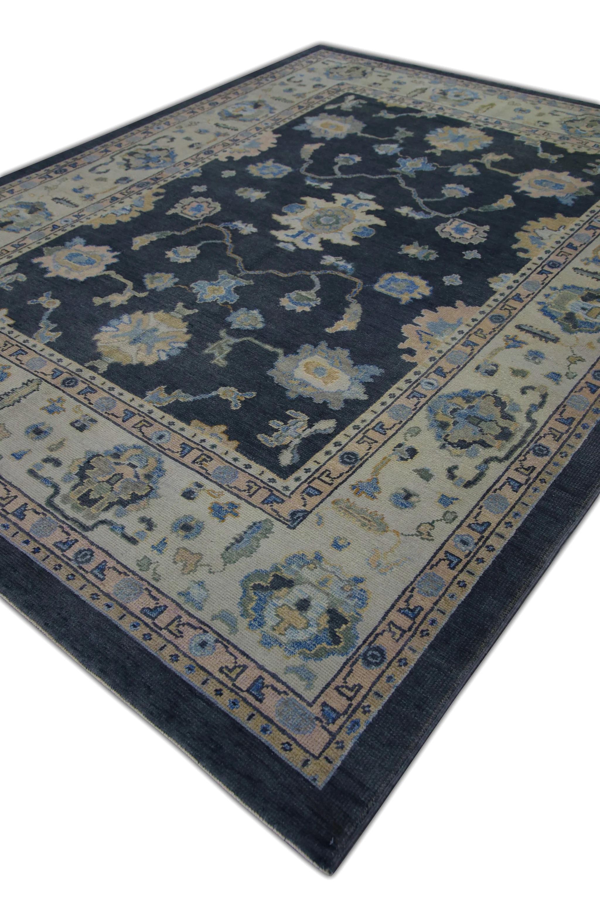 Handwoven Wool Floral Turkish Oushak Rug in Dark Blue 8'4