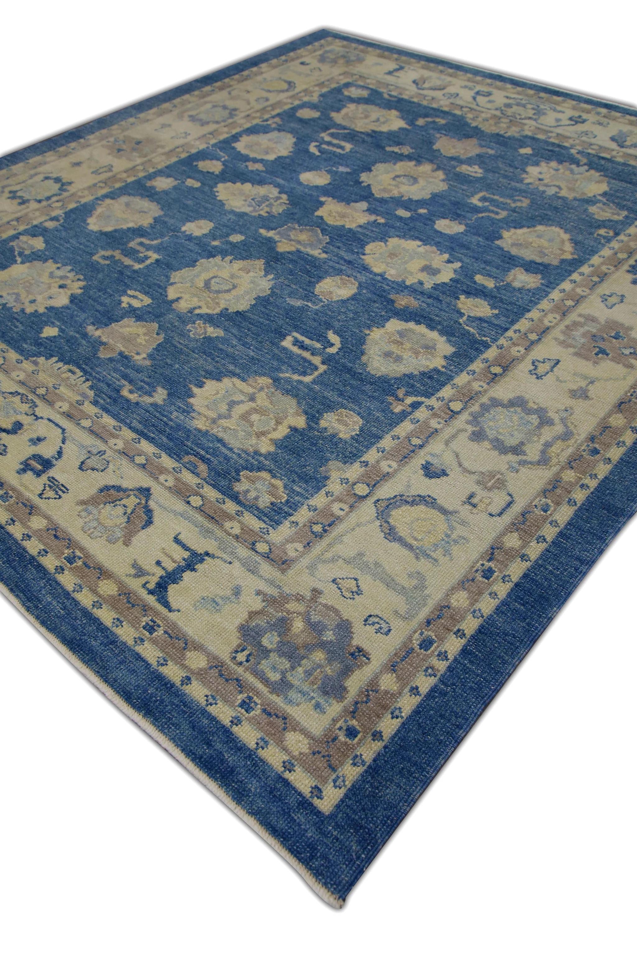 Floral Handwoven Wool Turkish Oushak Rug in Blue and Cream 8'9