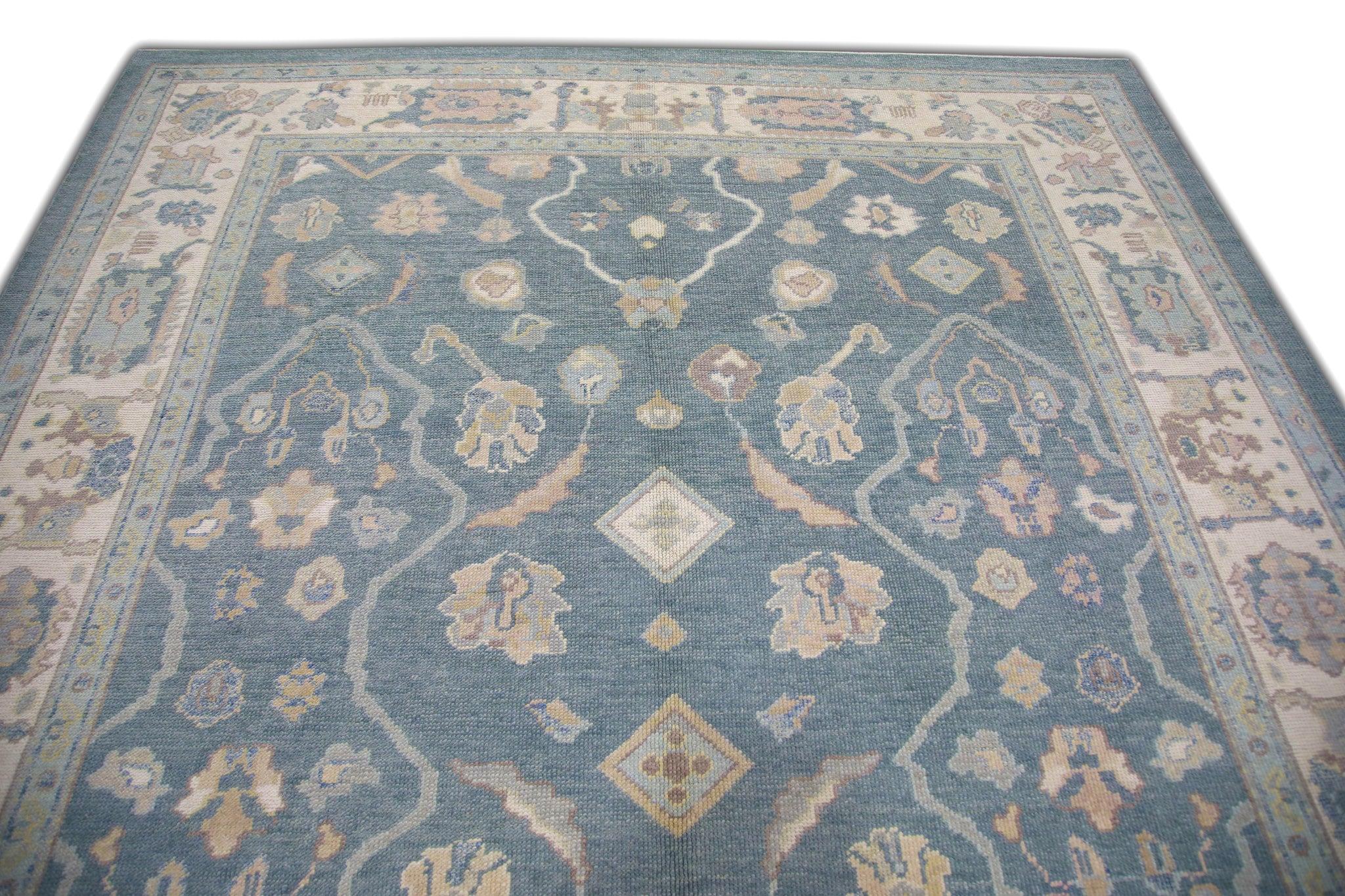 Handwoven Wool Floral Turkish Oushak Rug in Blue and Pink 8'2