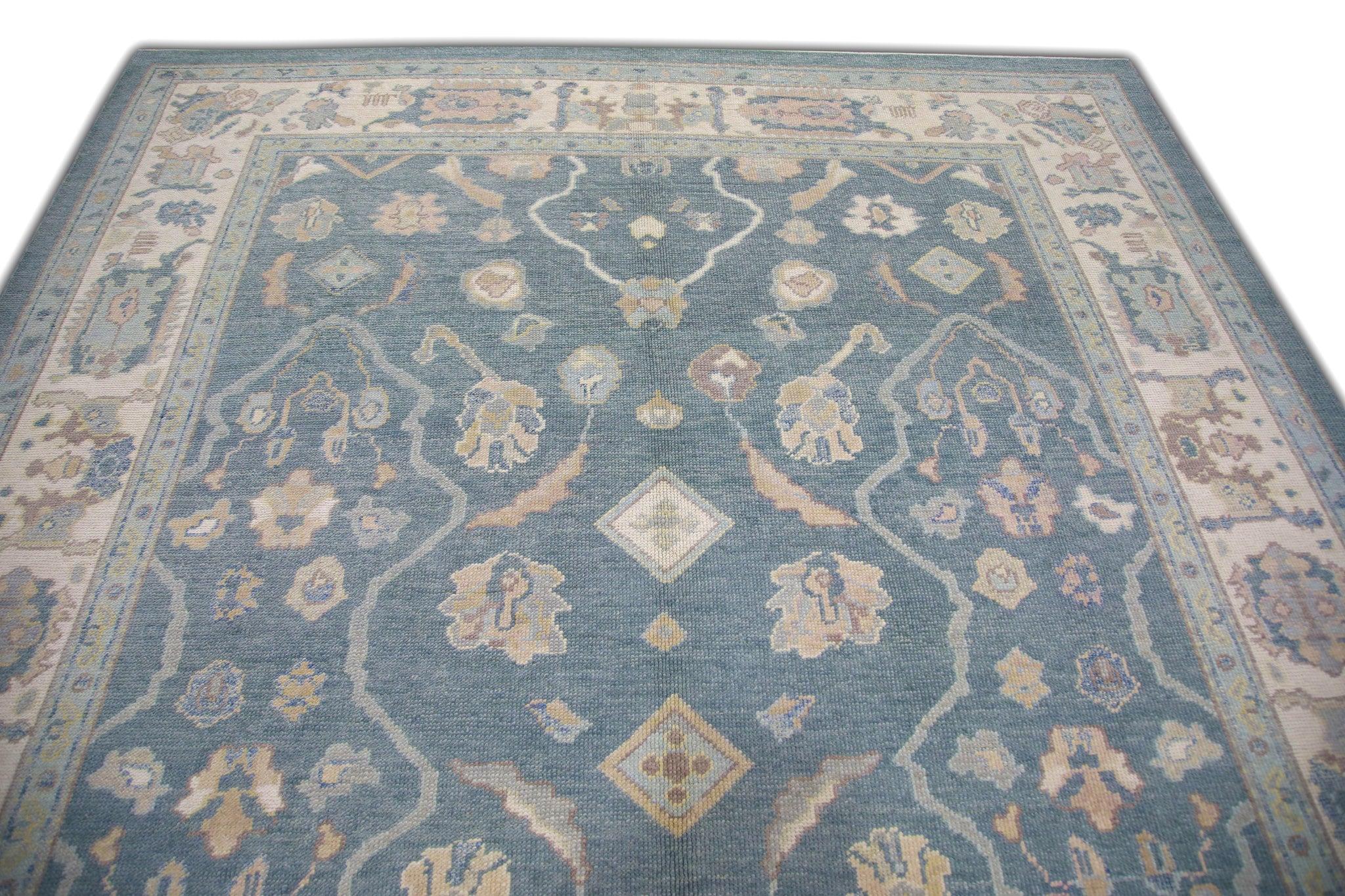 Tintura vegetale Tappeto Oushak turco floreale in lana intrecciata a mano in blu e rosa 8'2