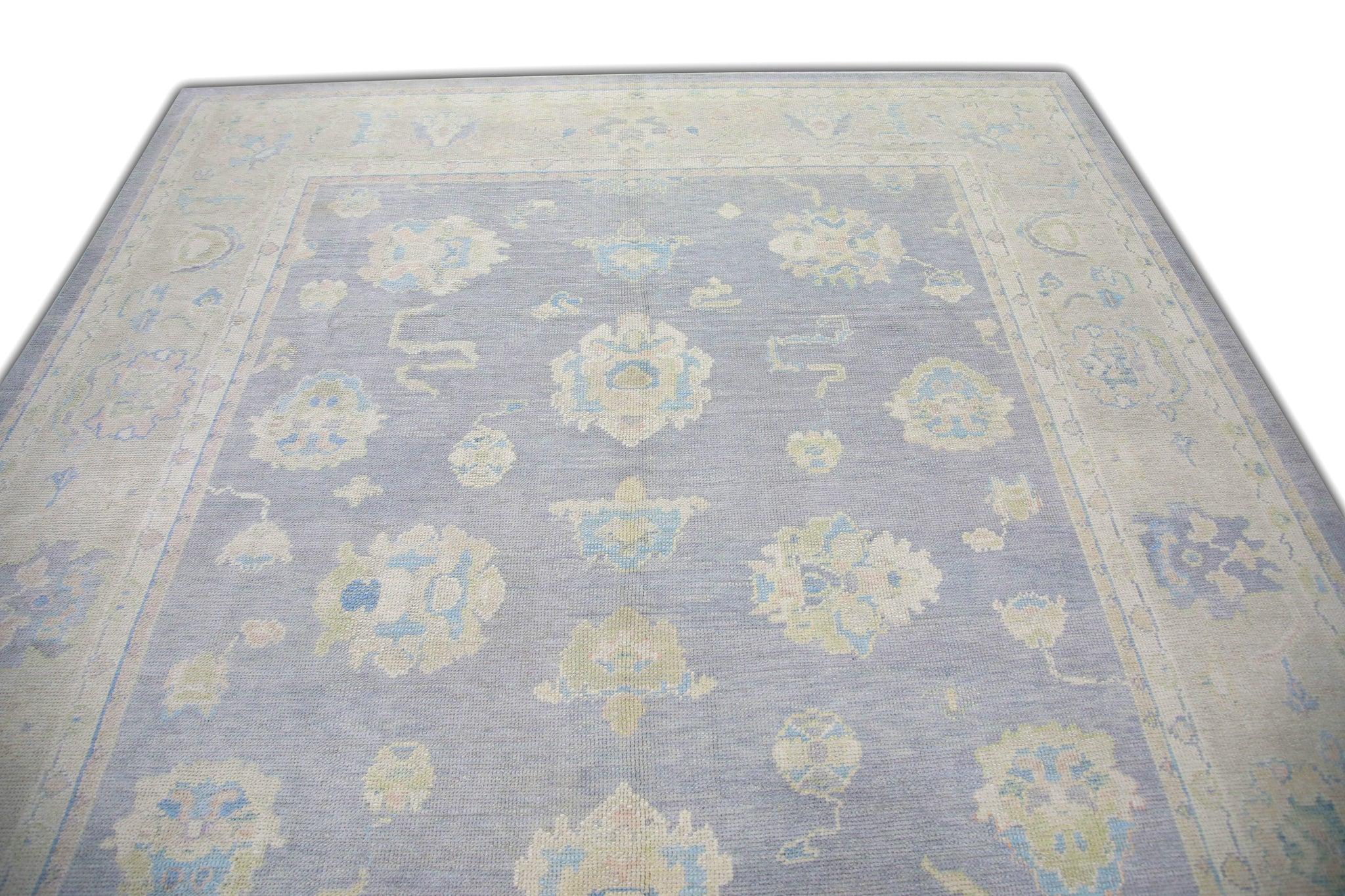 Türkischer Oushak-Teppich aus handgewebter Wolle in Blau und Creme mit Blumenmuster 8' x 10'4