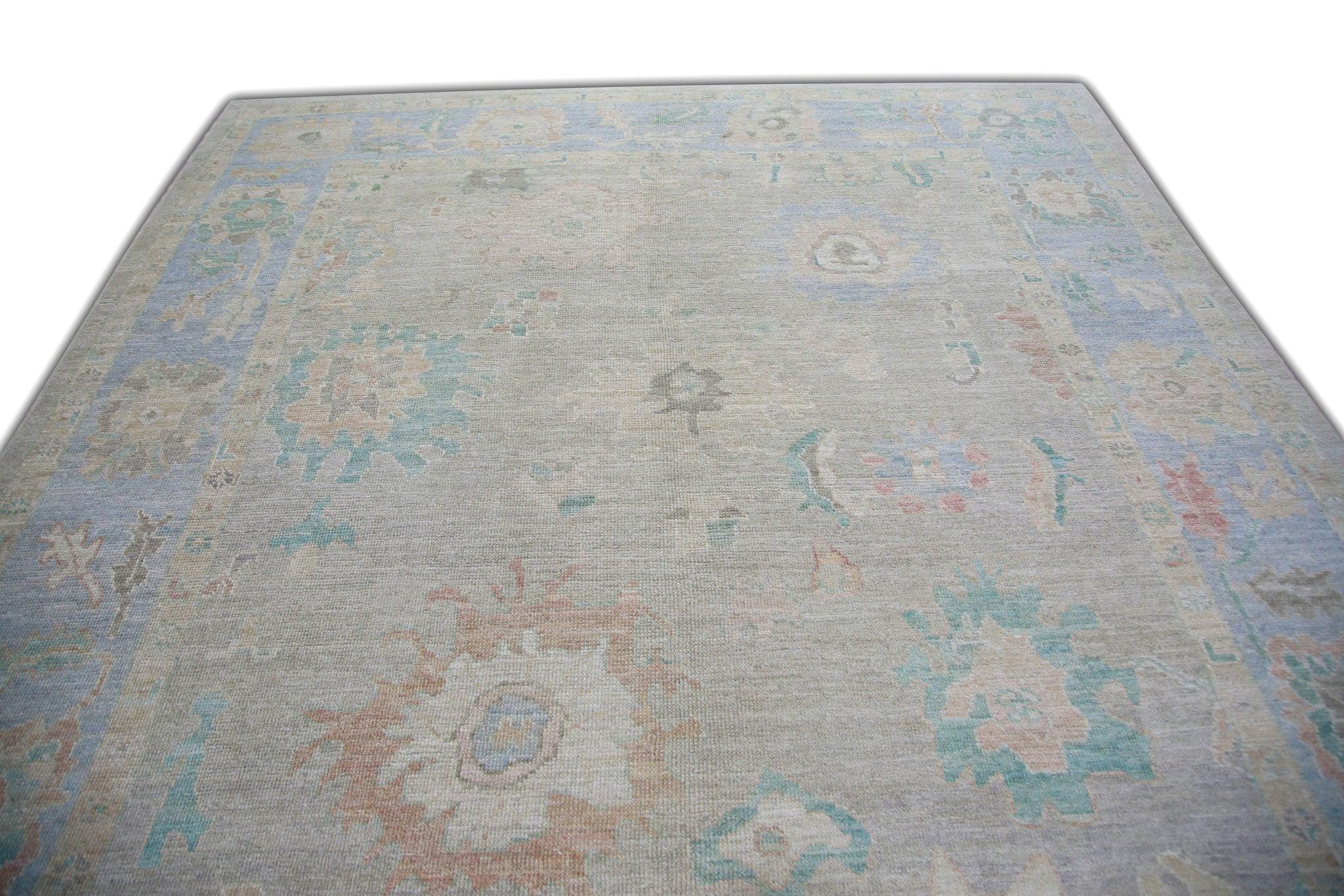 Floral Handwoven Wool Turkish Oushak Rug in Blue Colorway 8'5