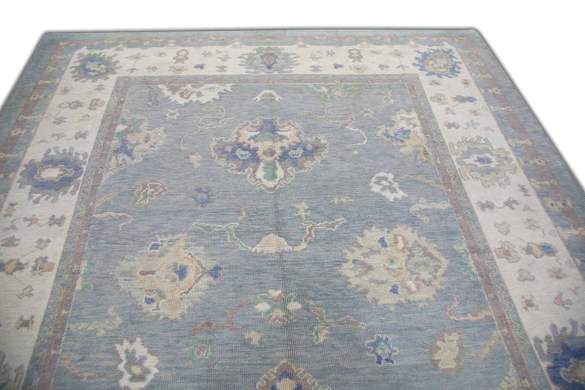 Blue Colorful Floral Pattern Handwoven Wool Turkish Oushak Rug 8'3