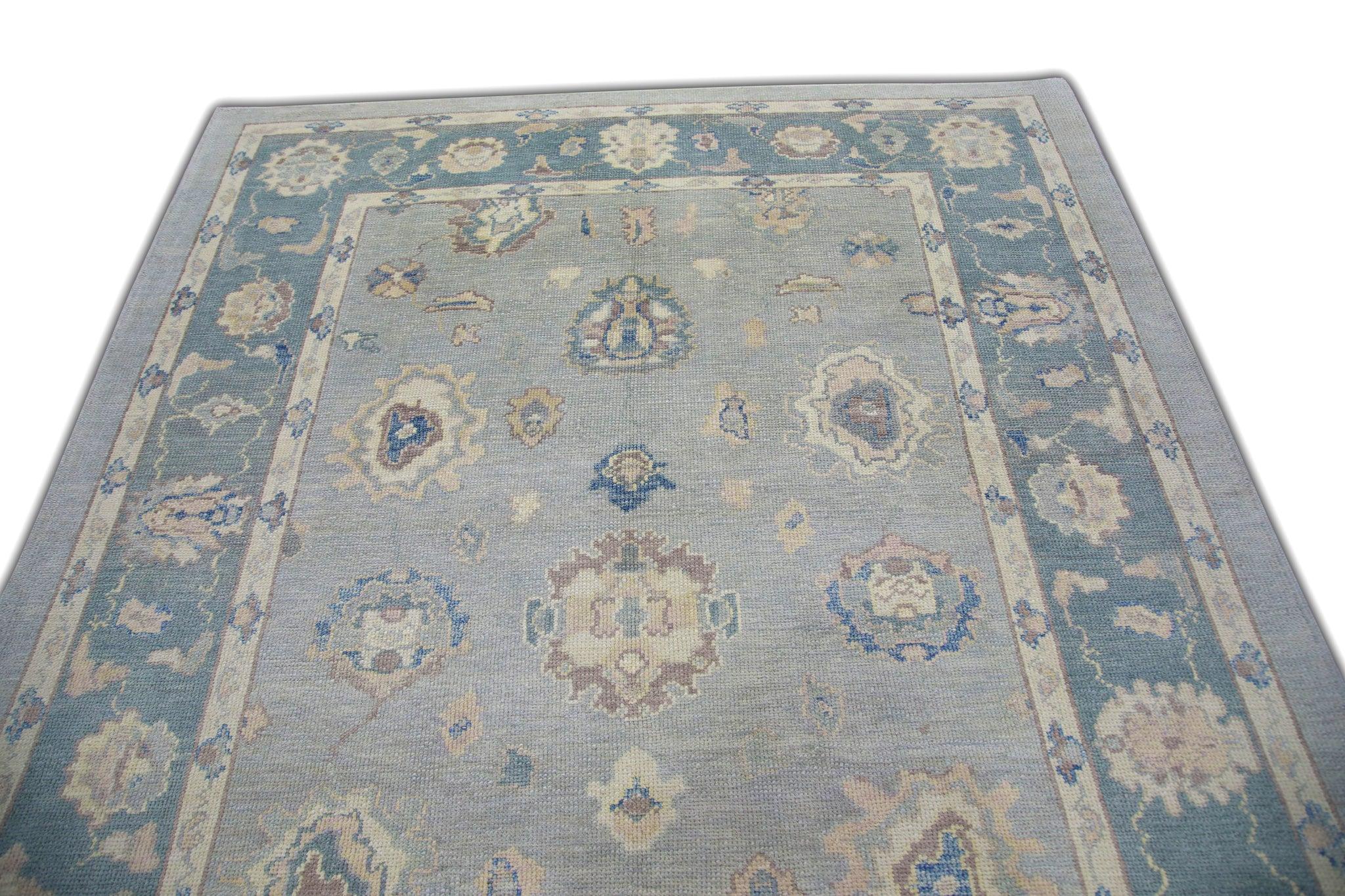 Türkischer Oushak-Teppich aus handgewebter Wolle in Blau mit Blumenmuster, 6'6