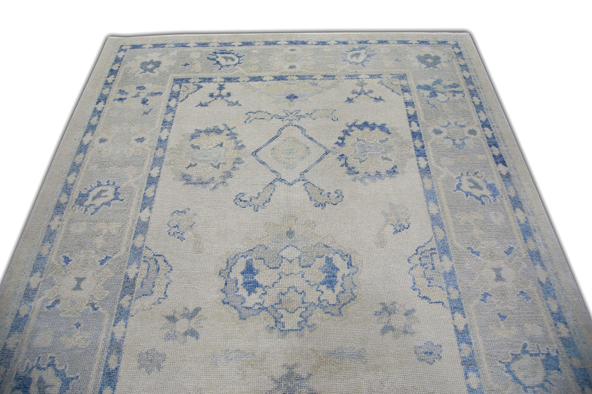 Floral Handwoven Wool Turkish Oushak Rug in Cream and Blue 6'2