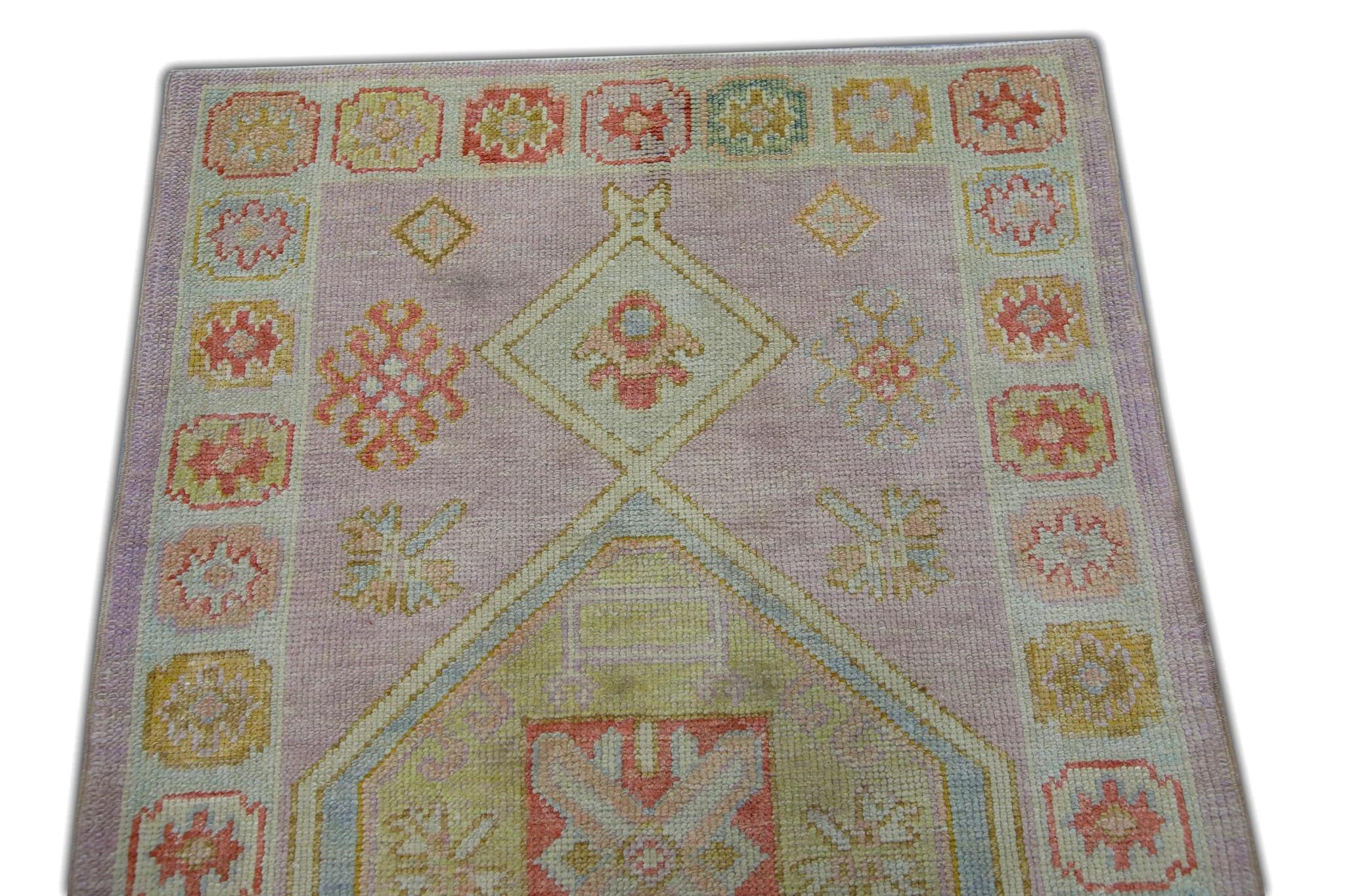 Soft Pink Geometric Medallion Handwoven Wool Turkish Oushak Rug 3'1