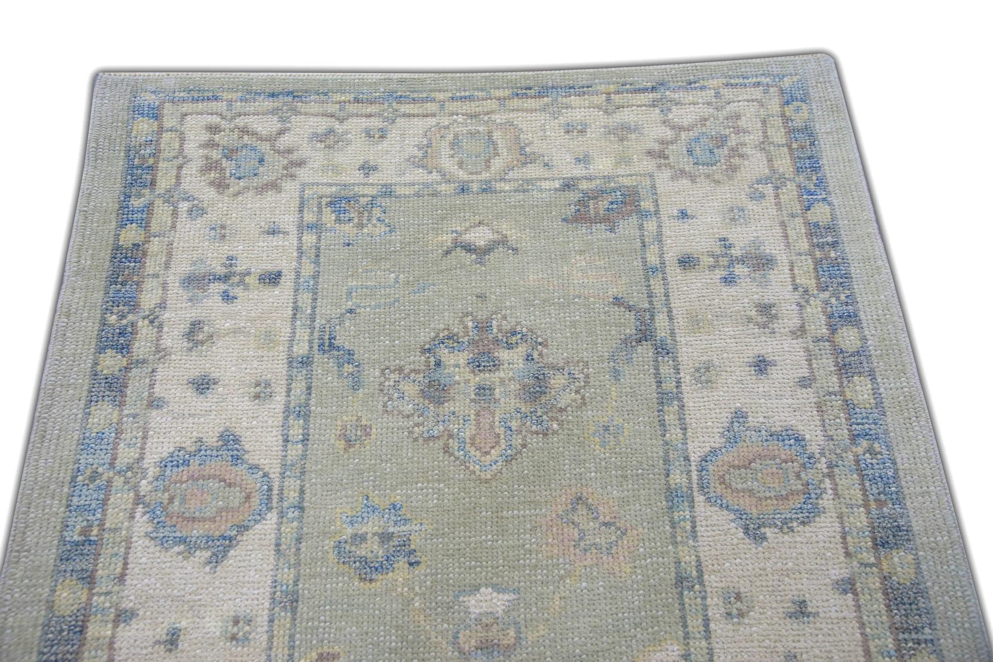Floral Handwoven Wool Turkish Oushak Rug in Celadon Green 3'2