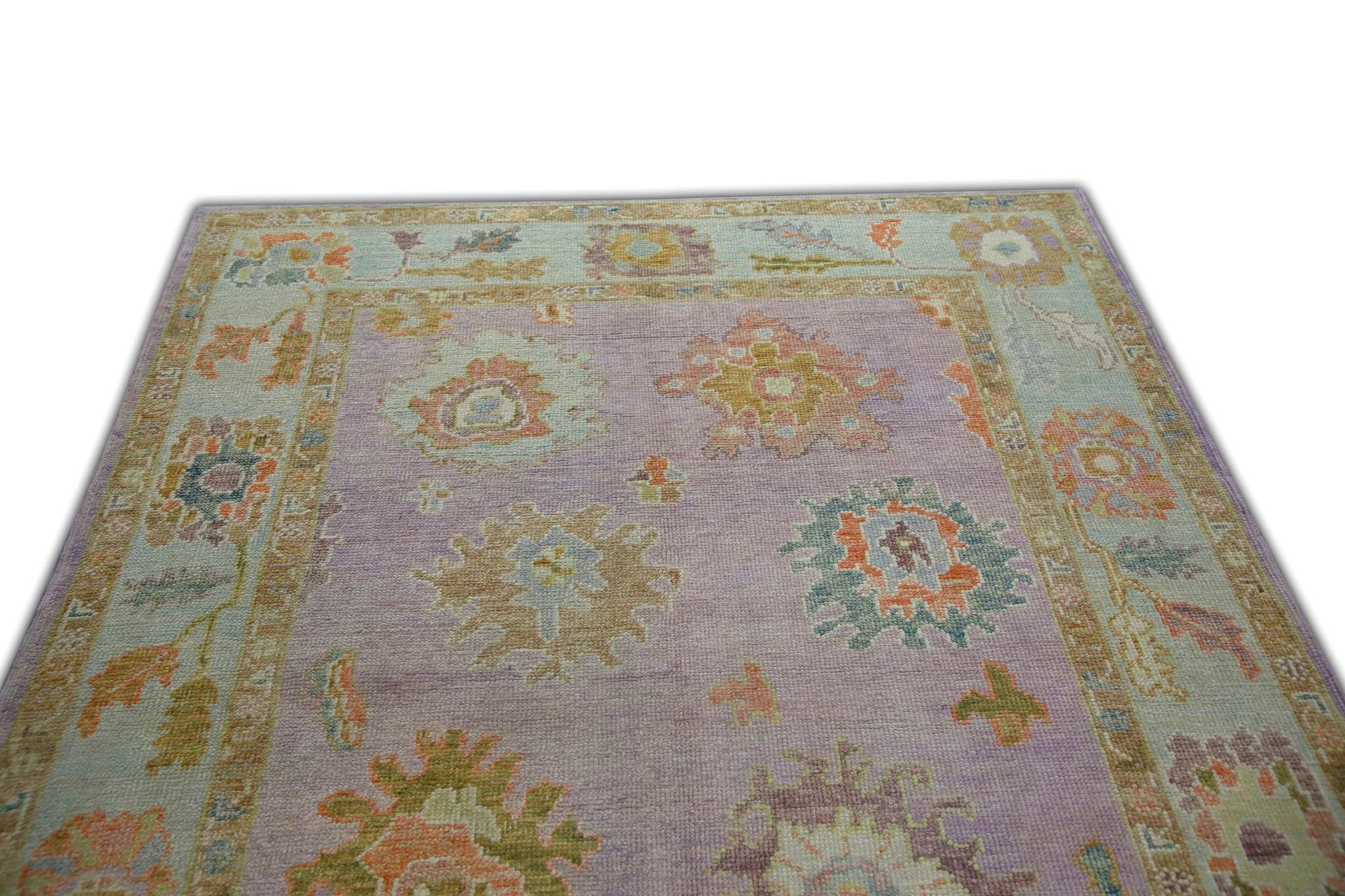 Soft Purple Handwoven Wool Turkish Oushak Rug w/ Colorful Floral Design 5'1x6'8 In New Condition For Sale In Houston, TX