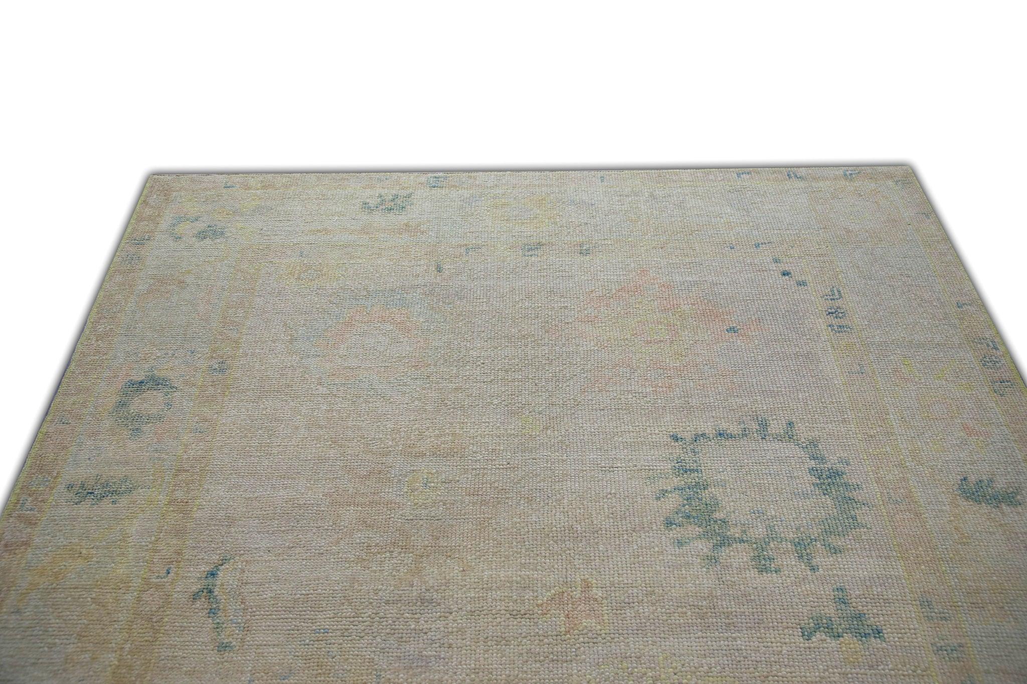 Floral Handwoven Wool Turkish Oushak Rug in Colorful Pastel Shades 5'1