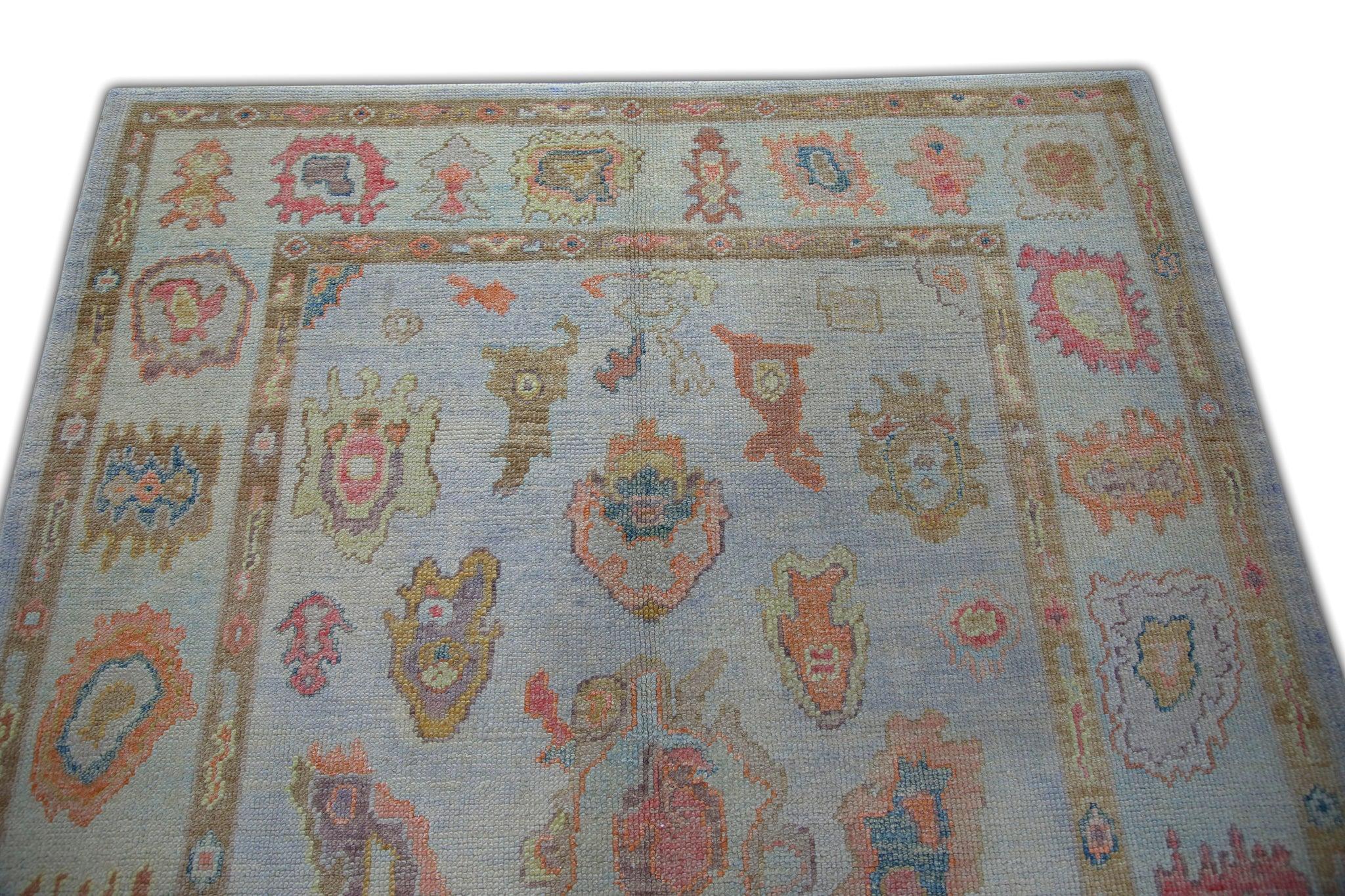 Blue Handwoven Wool Turkish Oushak Rug with Multicolor Floral Pattern 4'11 x 6'7 In New Condition In Houston, TX