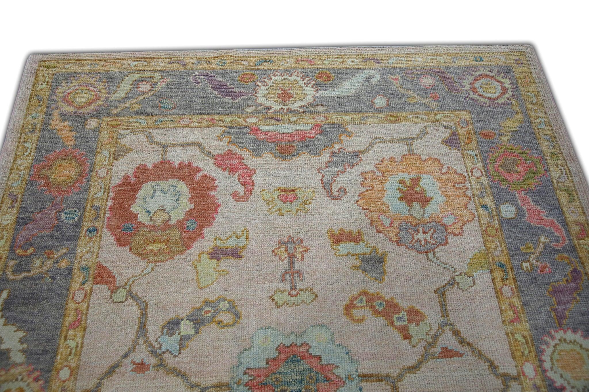 Floral Handwoven Wool Turkish Oushak Rug in Soft Pink and Purple 5' x 6'9