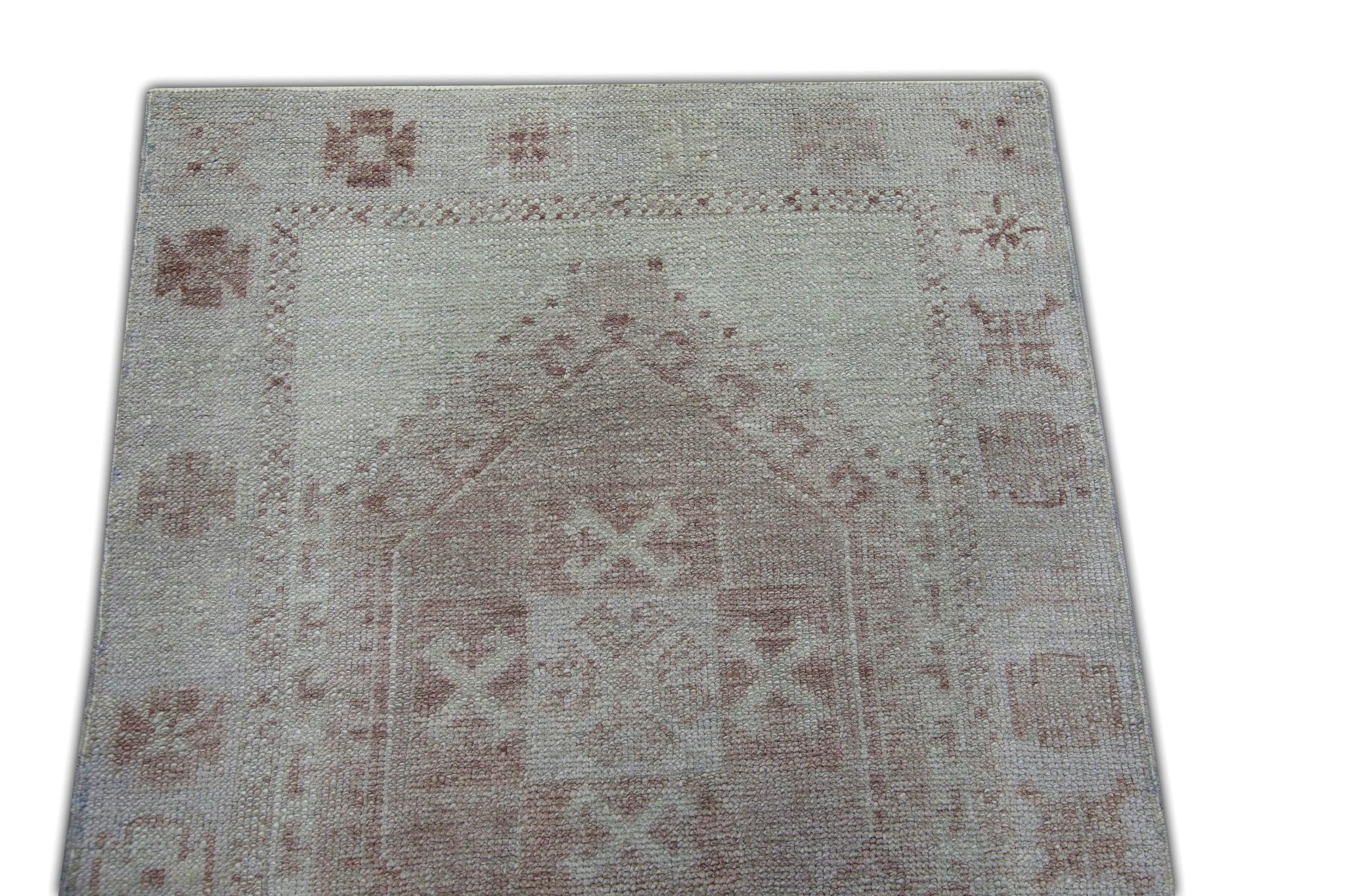 Pink and Beige Geometric Medallion Handwoven Wool Turkish Oushak Rug 3' x 6'3