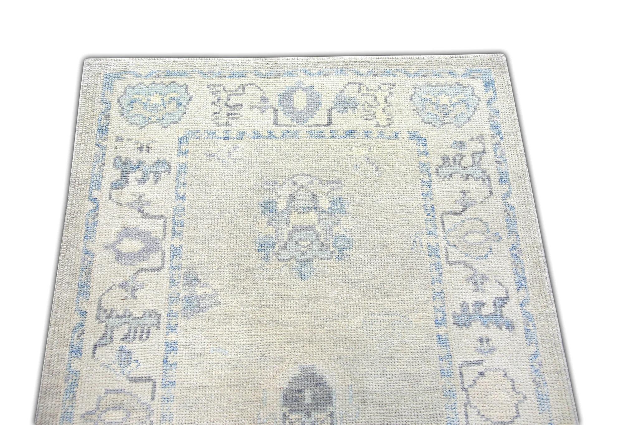 Floral Handwoven Wool Turkish Oushak Rug in Cream and Soft Blue 3'2