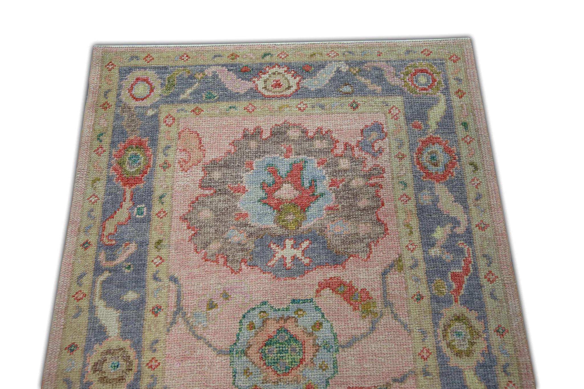 Soft Pink Handwoven Wool Turkish Oushak Rug in Floral Pattern 3' x 4'10