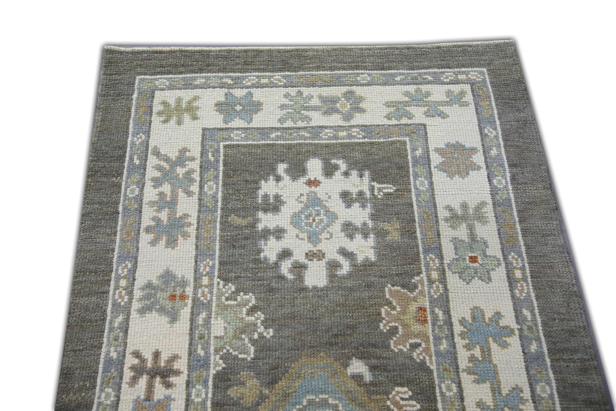 Olive Green Floral Handwoven Wool Turkish Oushak Rug 3' x 5'4