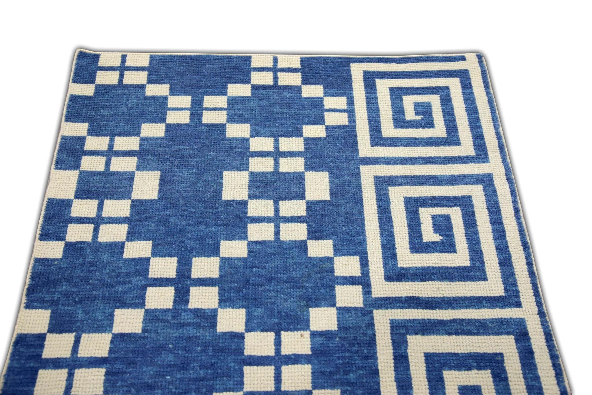 Tribal Geometric Handwoven Turkish Oushak Rug in Blue and Cream 3' x 5'2