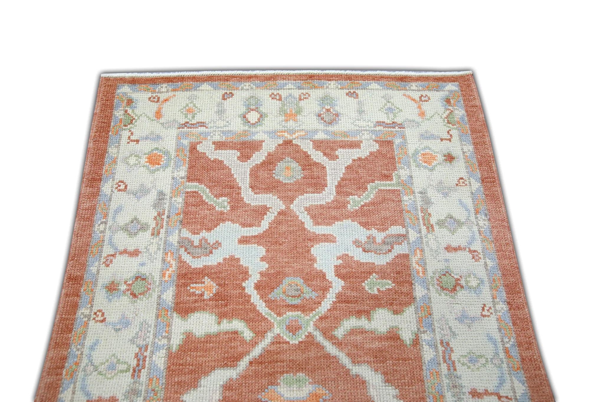 All-Over Floral Handwoven Turkish Oushak Rug in Coral, Cream, and Blue 3'2 x 5'1 In New Condition For Sale In Houston, TX