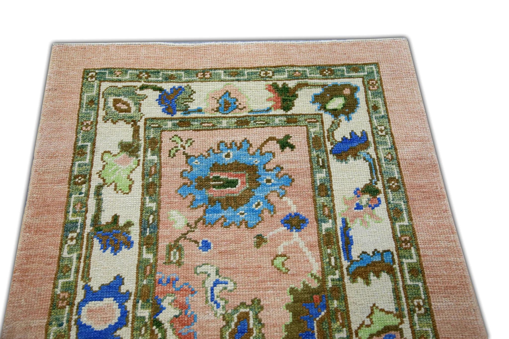 Floral Handwoven Turkish Oushak Rug in Coral, Green, Brown, and Blue 3' x 5'1