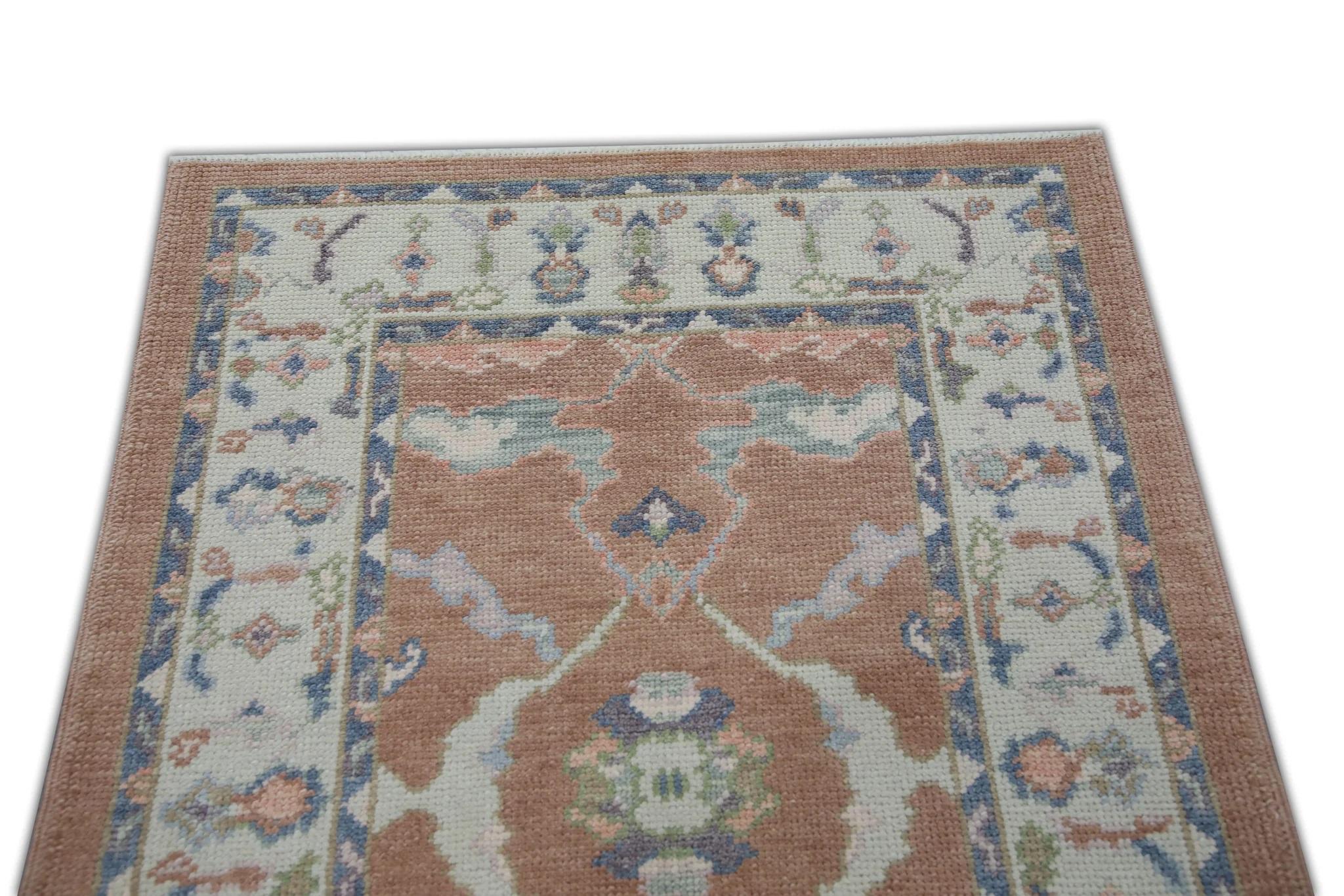 Burnt Orange Floral Pattern Handwoven Wool Turkish Oushak Rug 3'1