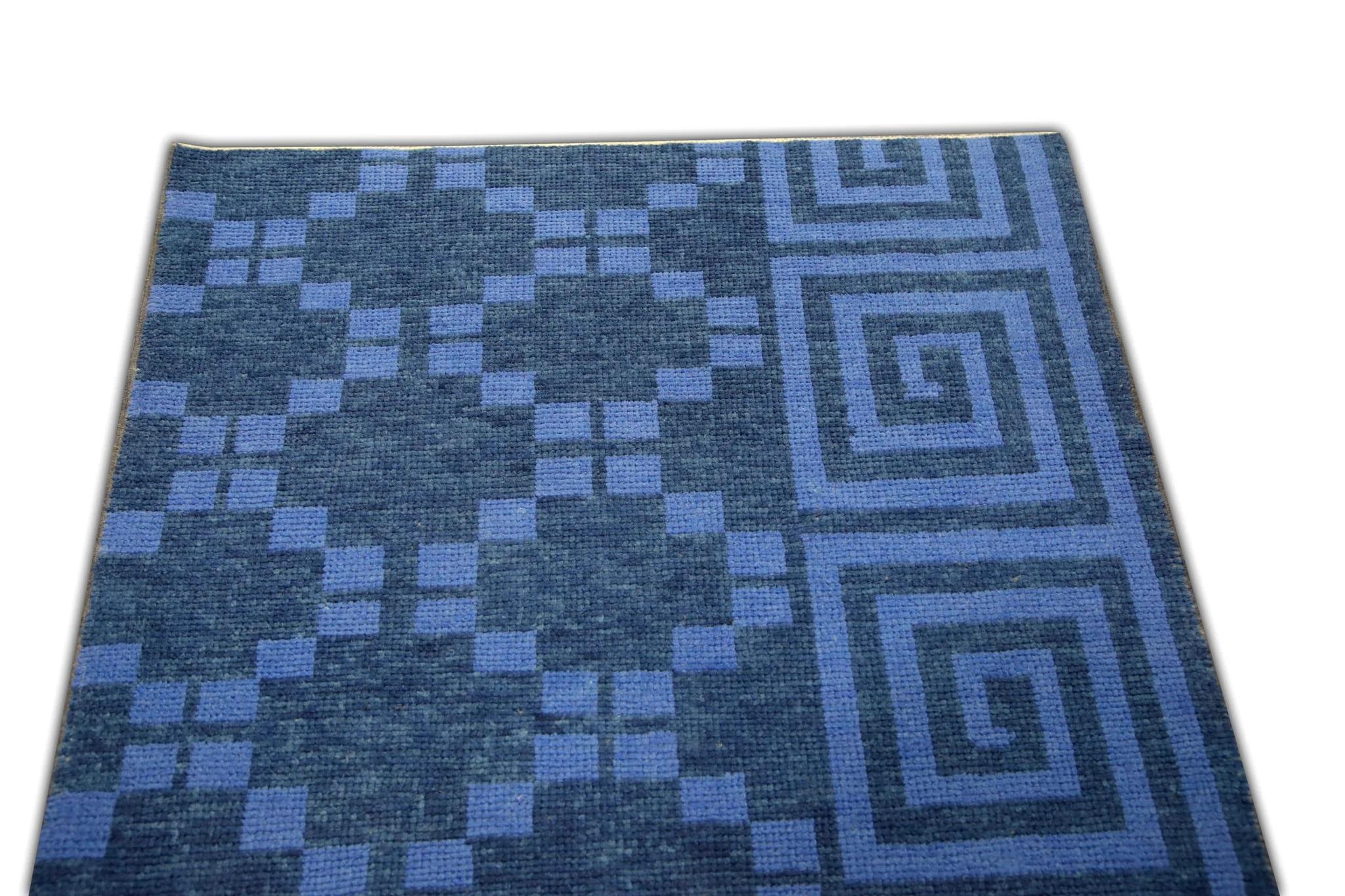 Teinture végétale Tapis turc Oushak en laine tissé à la main à motif tribal géométrique bleu 3'1