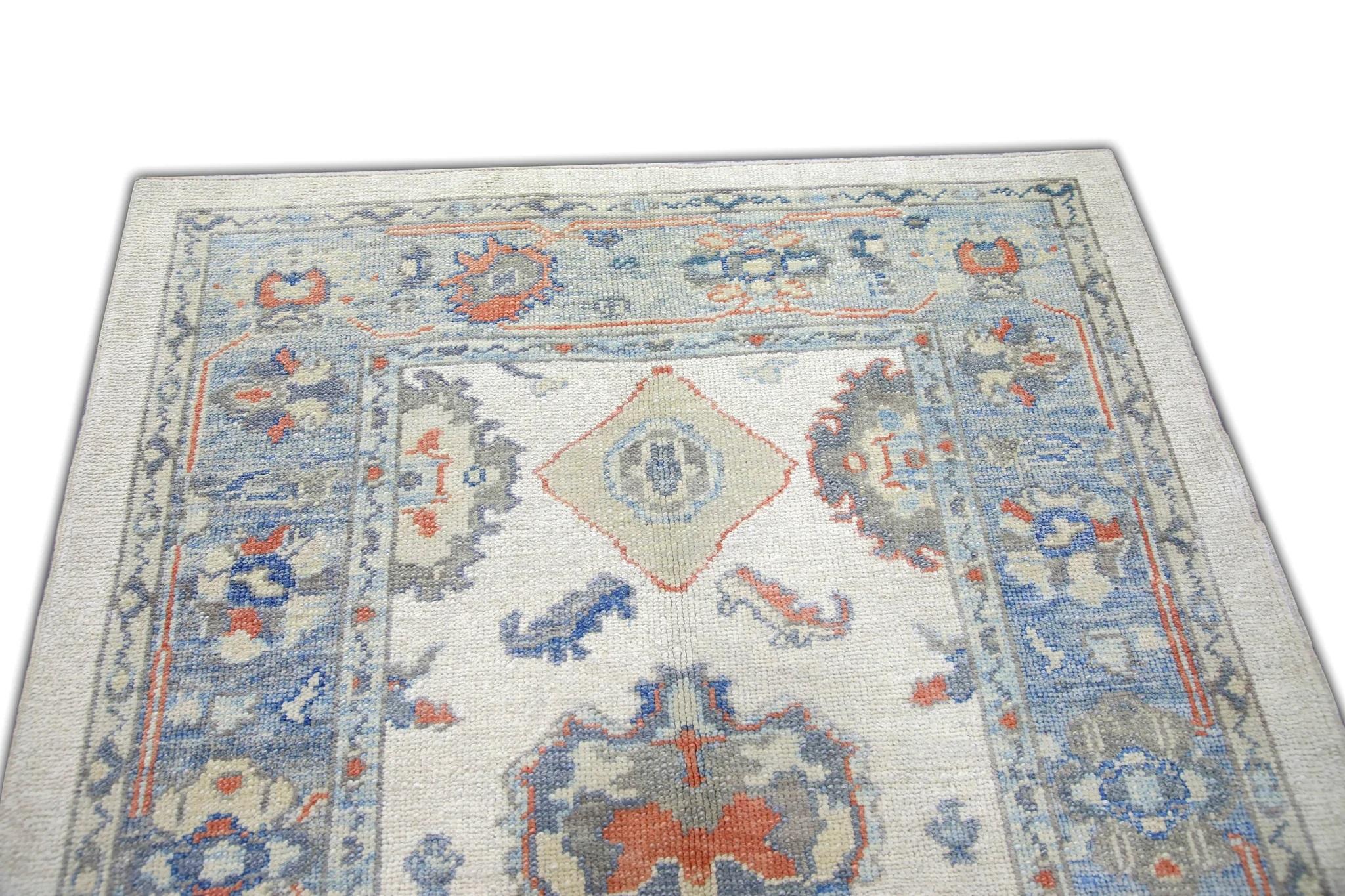 Pastel Blue Floral Design Handwoven Wool Turkish Oushak Rug 4'2