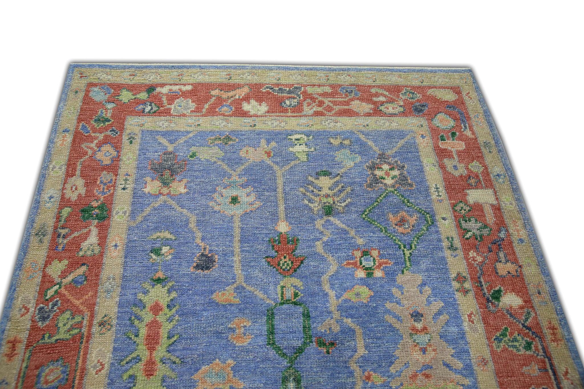 Blue & Red Floral Pattern Handwoven Wool Turkish Oushak Rug 4'2