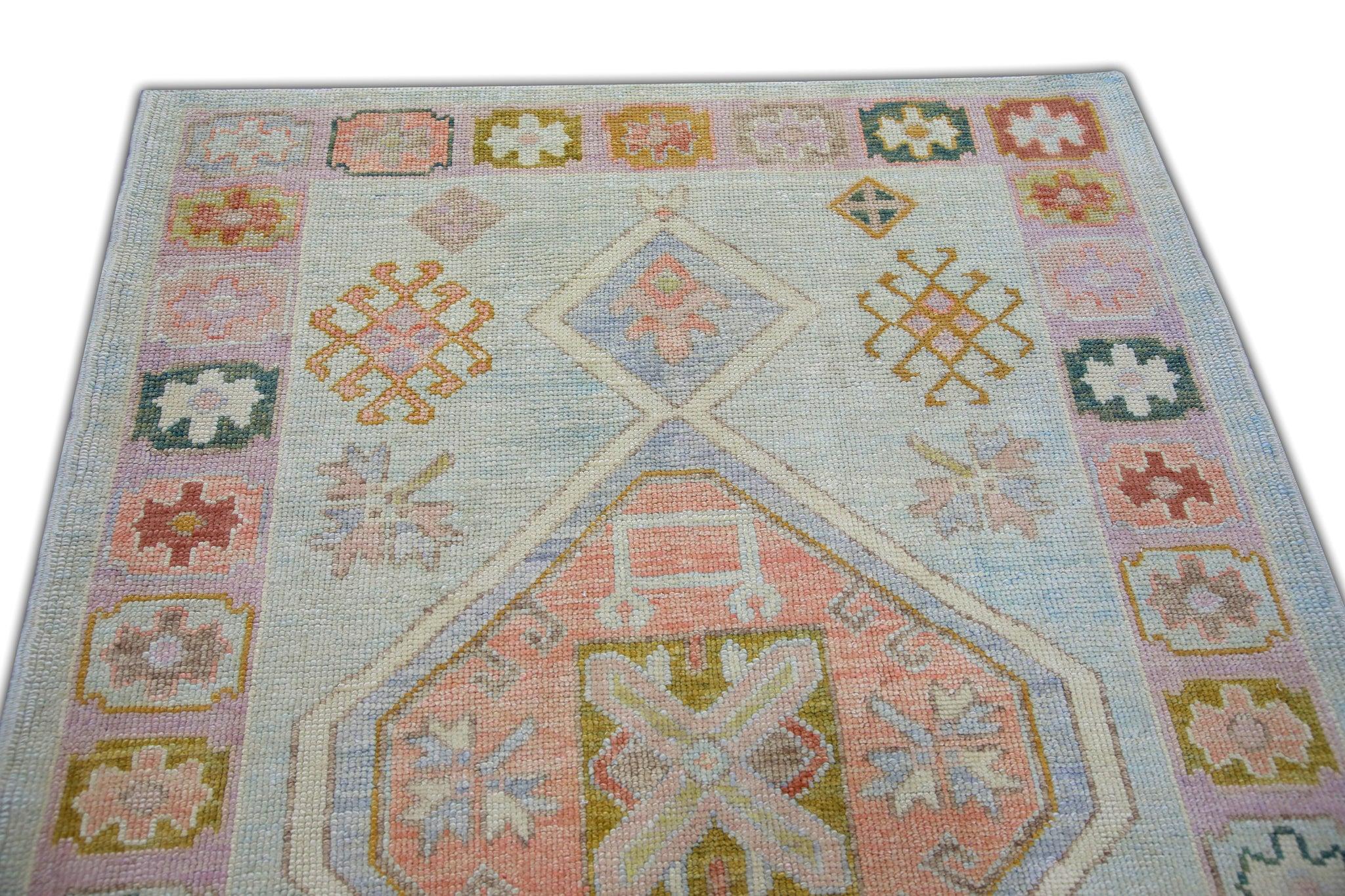 Baby Blue Geometric Diamond Design Handwoven Wool Turkish Oushak Rug 4'3