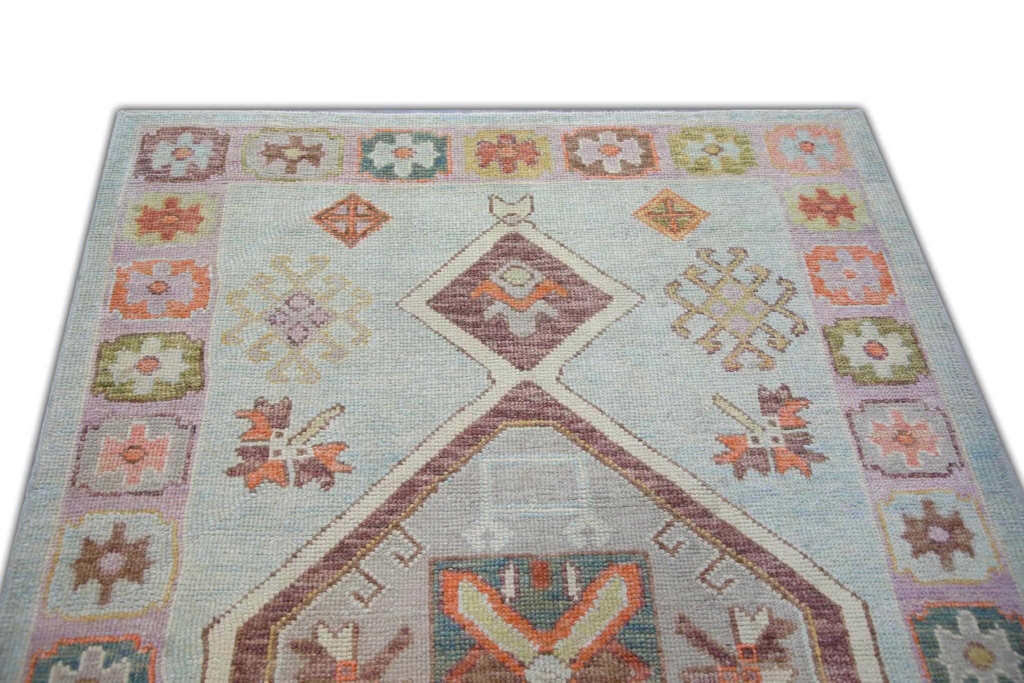Baby Blue Handwoven Wool Turkish Oushak Rug w/ Colorful Diamond Pattern 4'2x6'4 In New Condition For Sale In Houston, TX