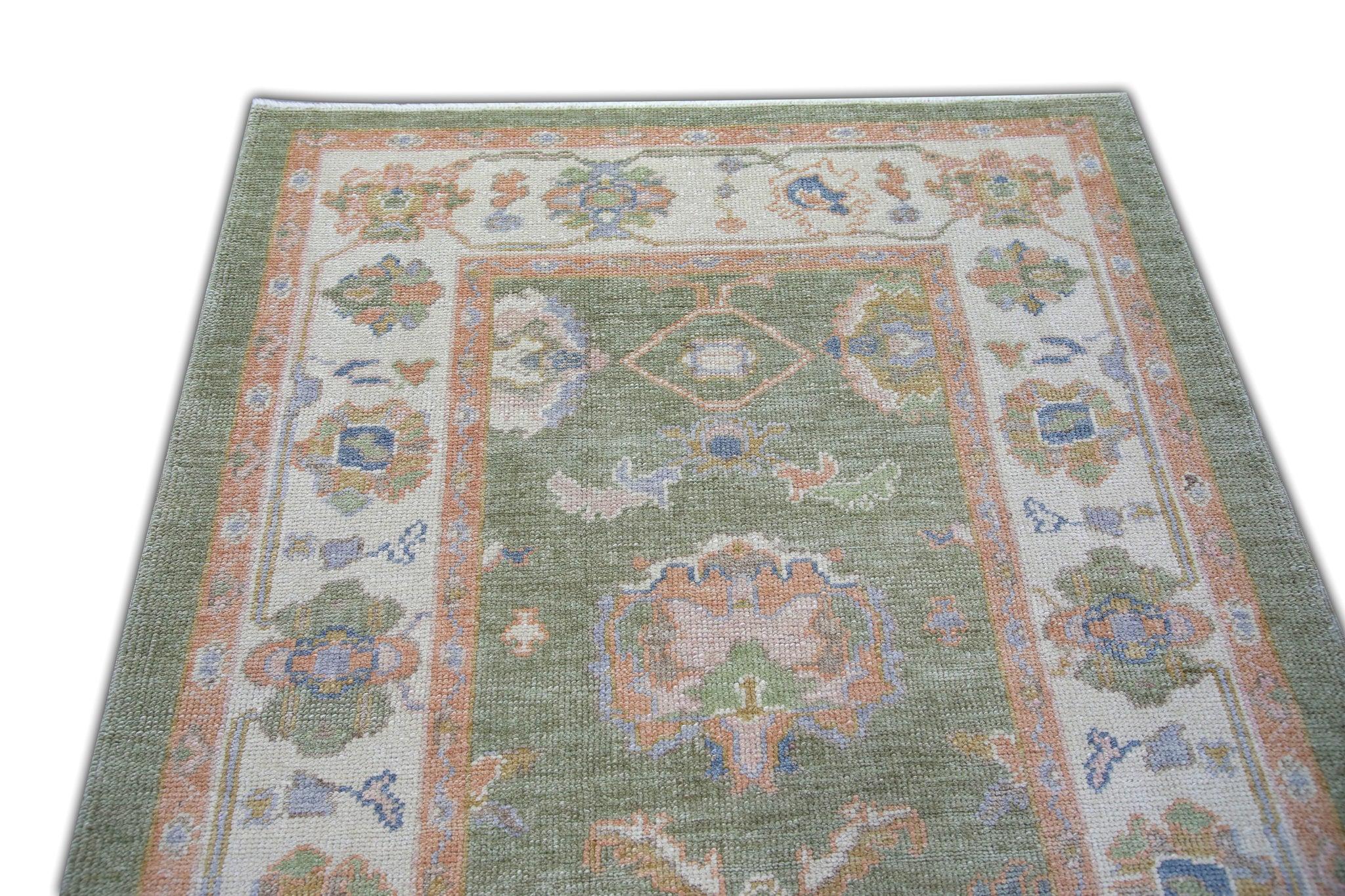 Teinture végétale Tapis d'Oushak turc en laine tissé à la main à motifs floraux saumon, 4'3