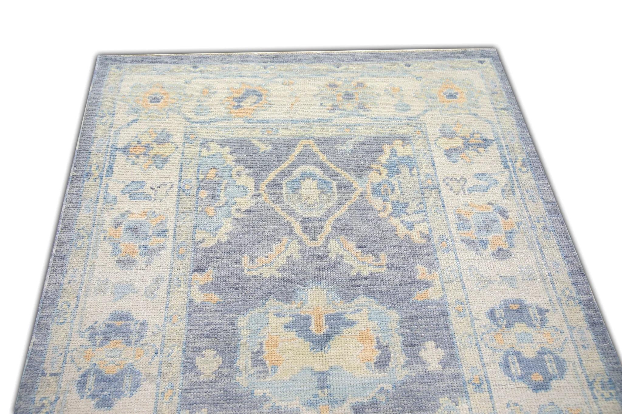 Vegetable Dyed Periwinkle Blue Floral Design Handwoven Wool Turkish Oushak Rug 3'10