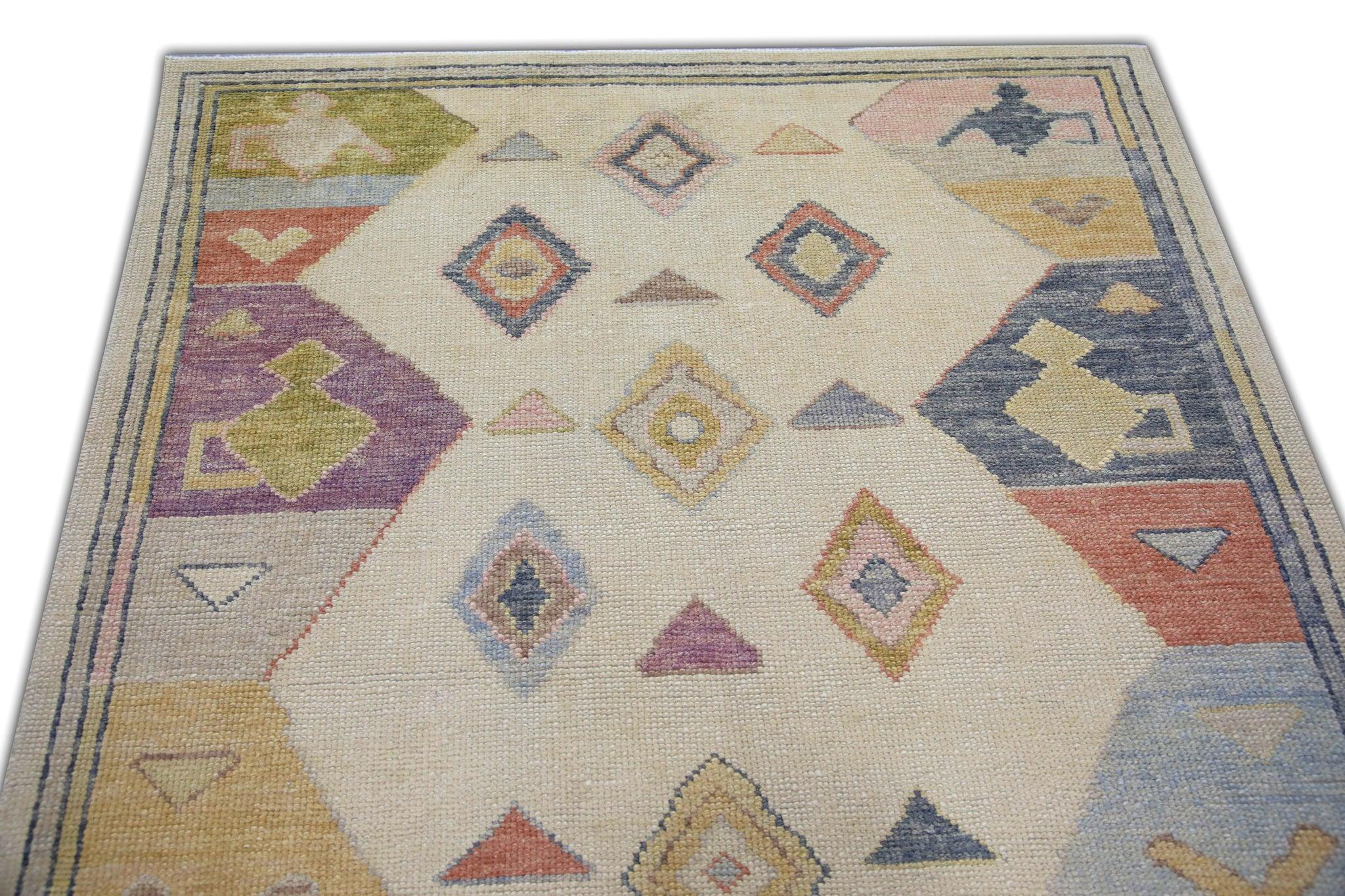 Multicolor Geometric Pattern Handwoven Wool Turkish Oushak Rug 4'2