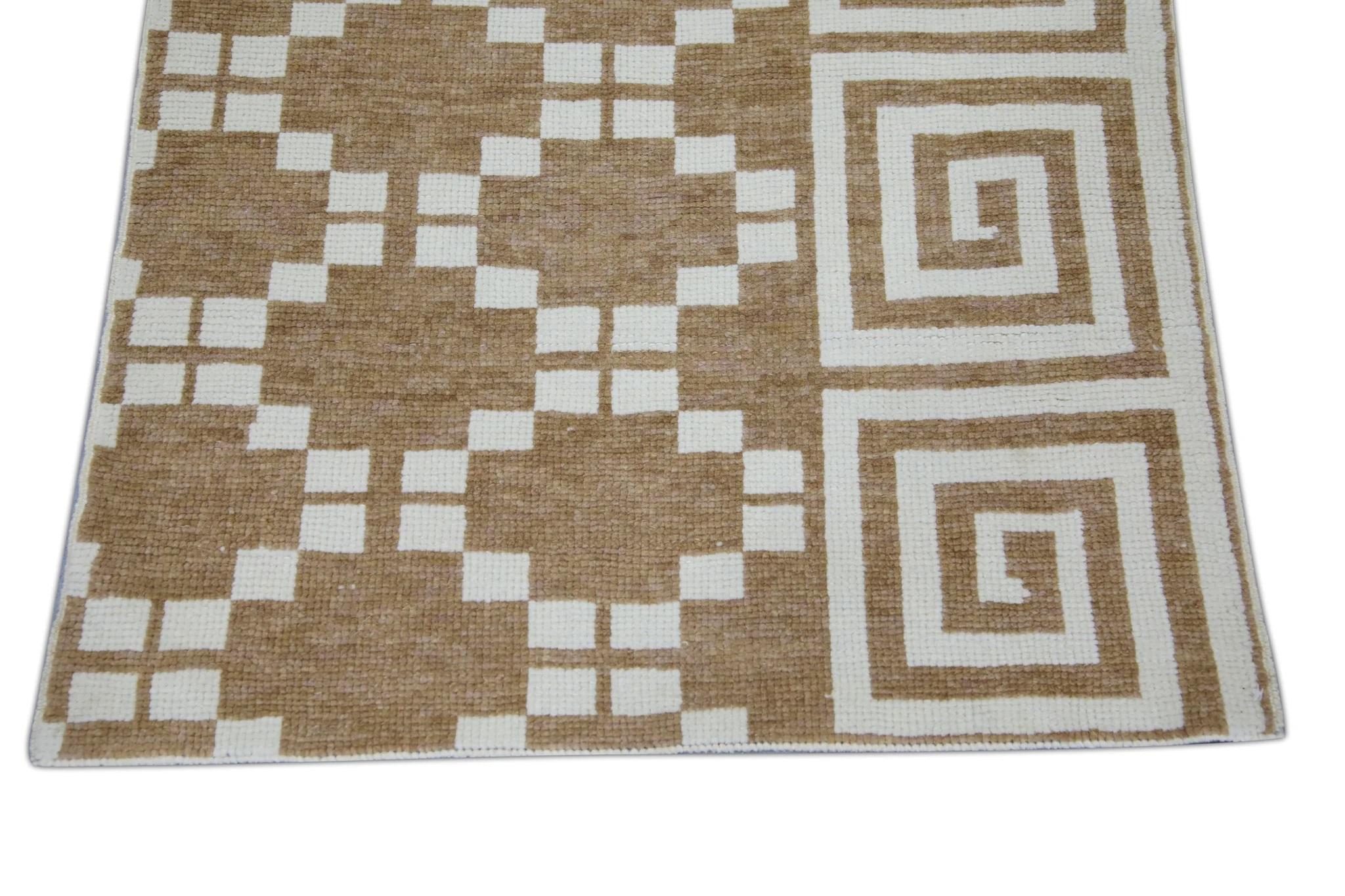 Brown Geometric Design Handwoven Wool Turkish Oushak Rug 2'10