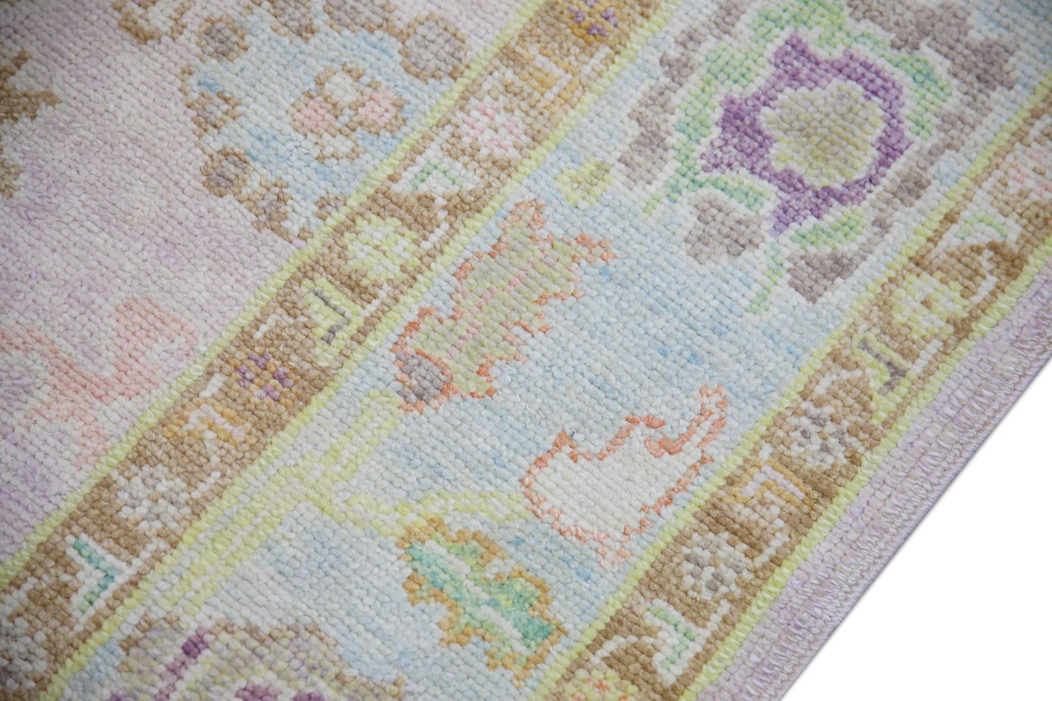 Handwoven Wool Turkish Oushak Rug Lilac Field Multicolor Floral Design 4'2 x 5'7 In New Condition For Sale In Houston, TX