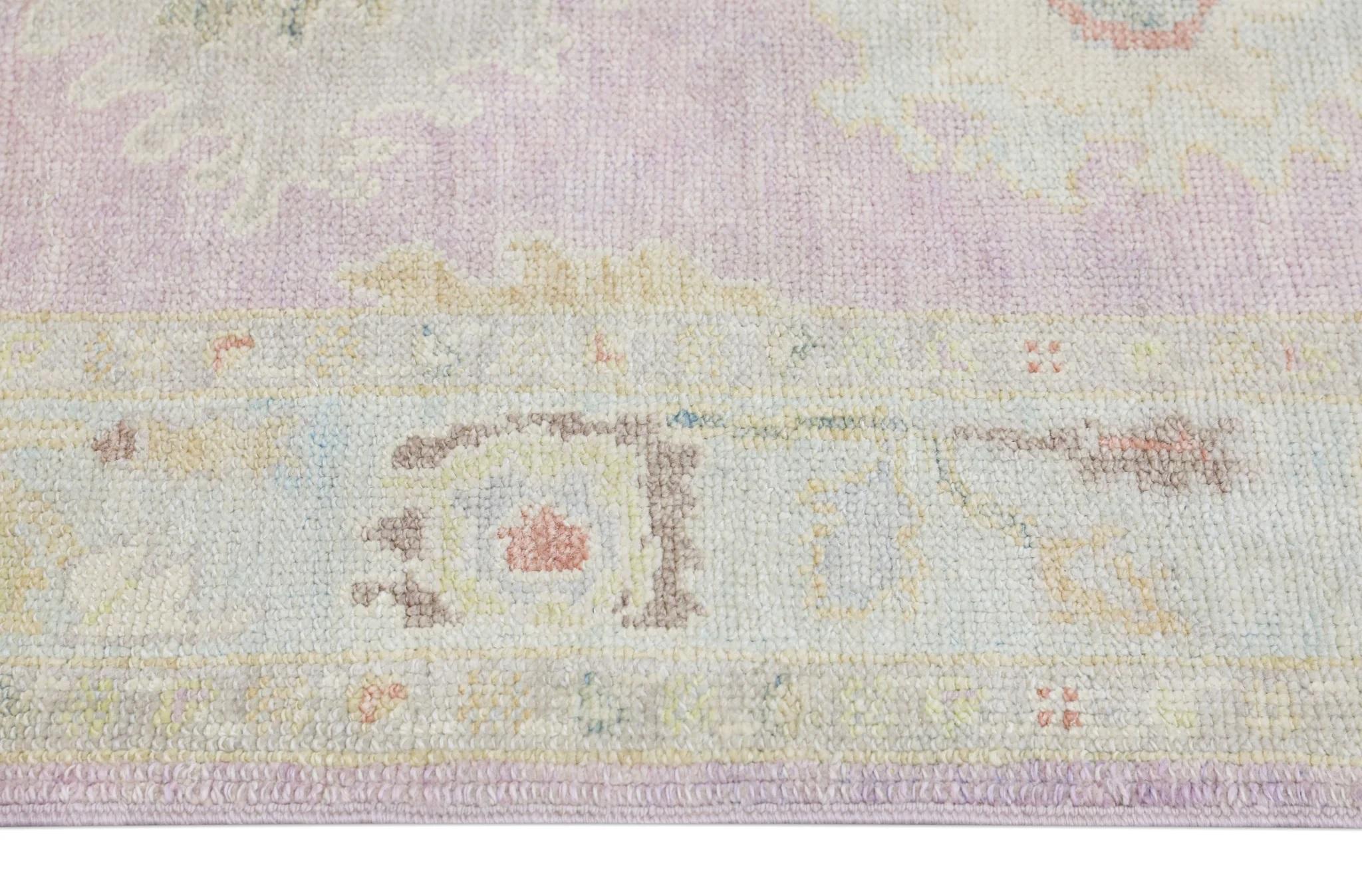 Pink Handwoven Wool Turkish Oushak Rug with Floral Design 3'1