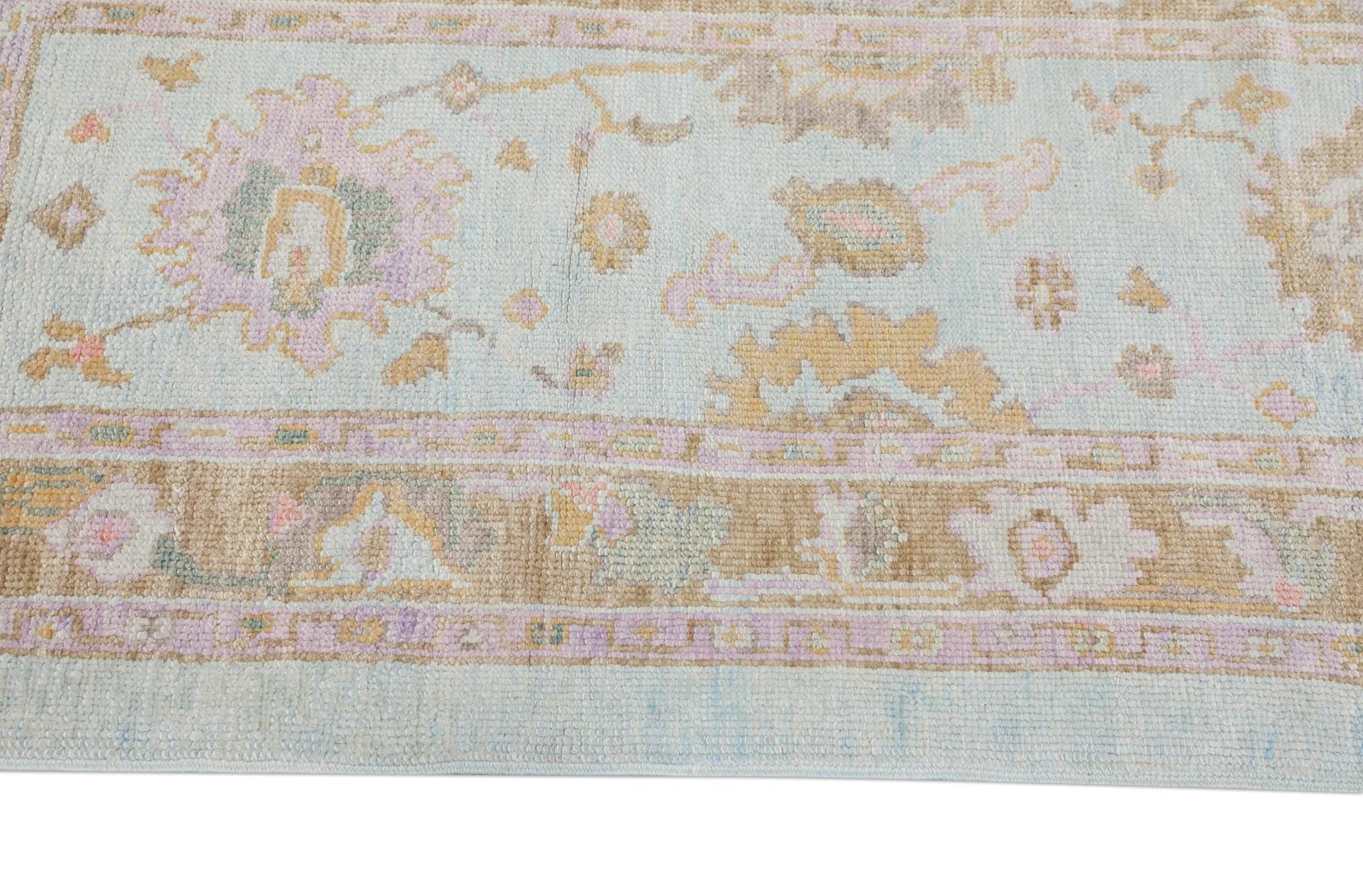 Soft Blue Handwoven Wool Turkish Oushak Rug with Colorful Floral Design 3' x 6'3 In New Condition For Sale In Houston, TX