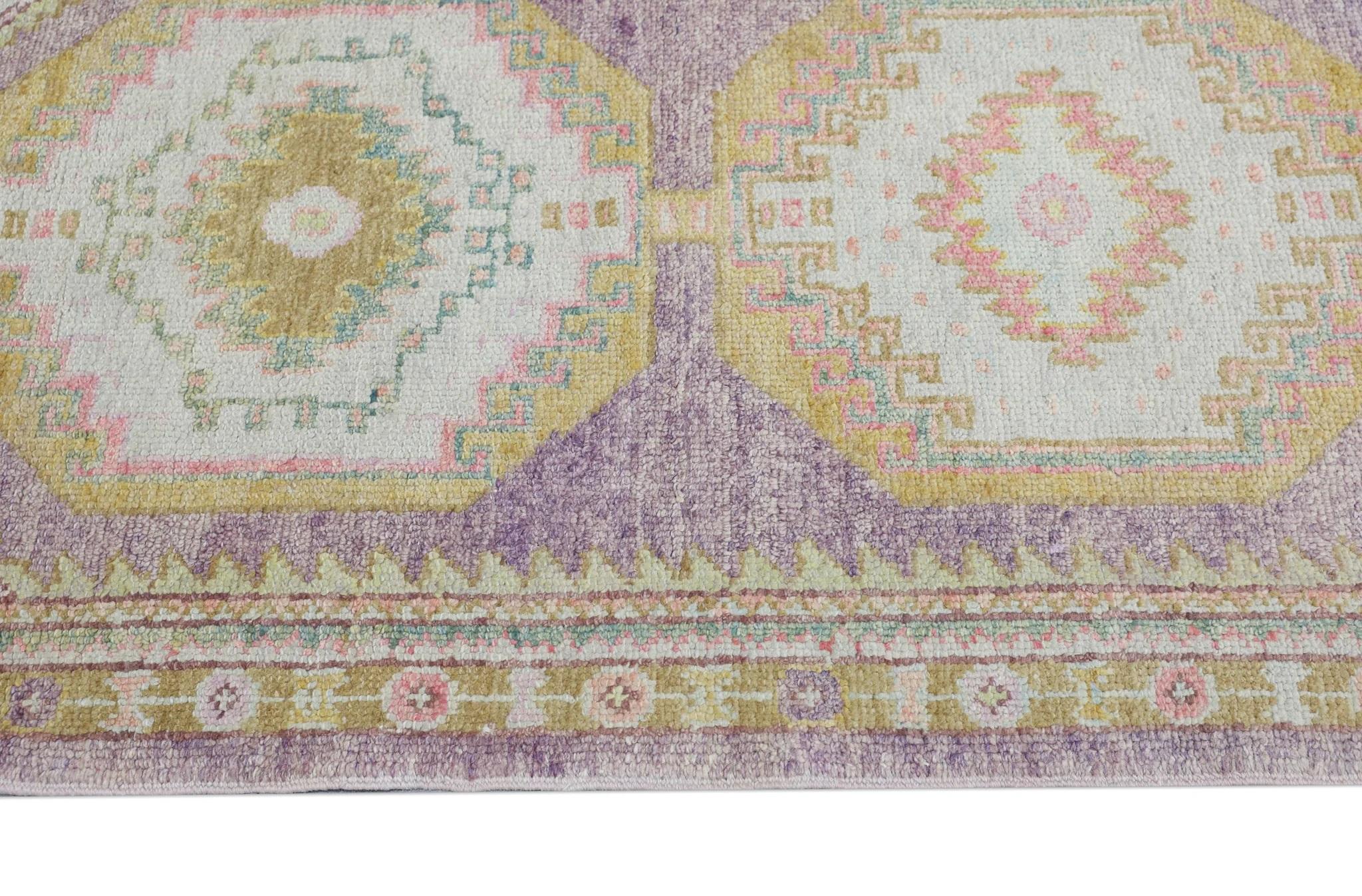 Tintura vegetale Tappeto Oushak turco multicolore in lana intrecciata a mano con disegno a medaglione 3' x 10'3