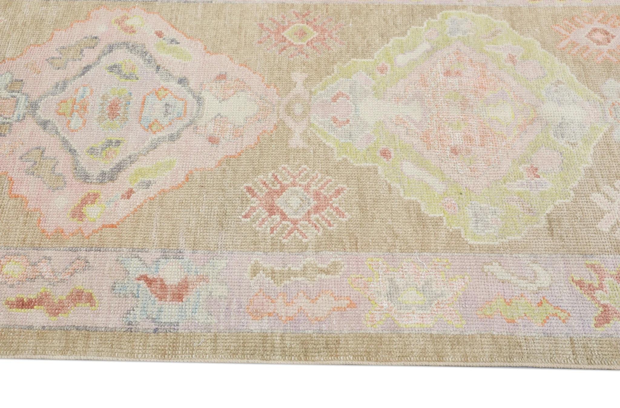 Colorful Handwoven Wool Turkish Oushak Rug with Pink Floral Design 3' x 9'6