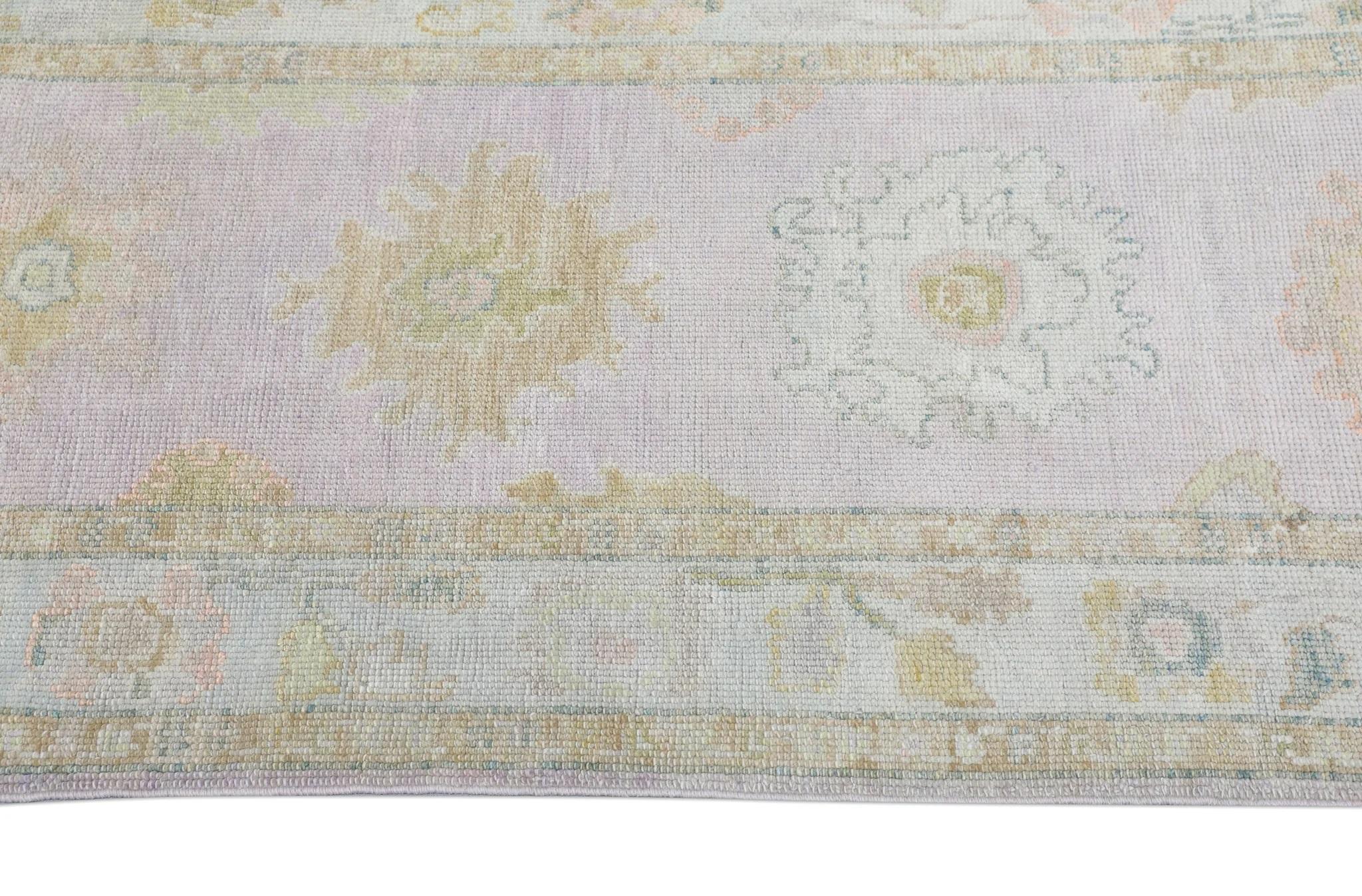 Handwoven Wool Turkish Oushak Rug with Pastel Colors and Floral Design 3' x 6'8