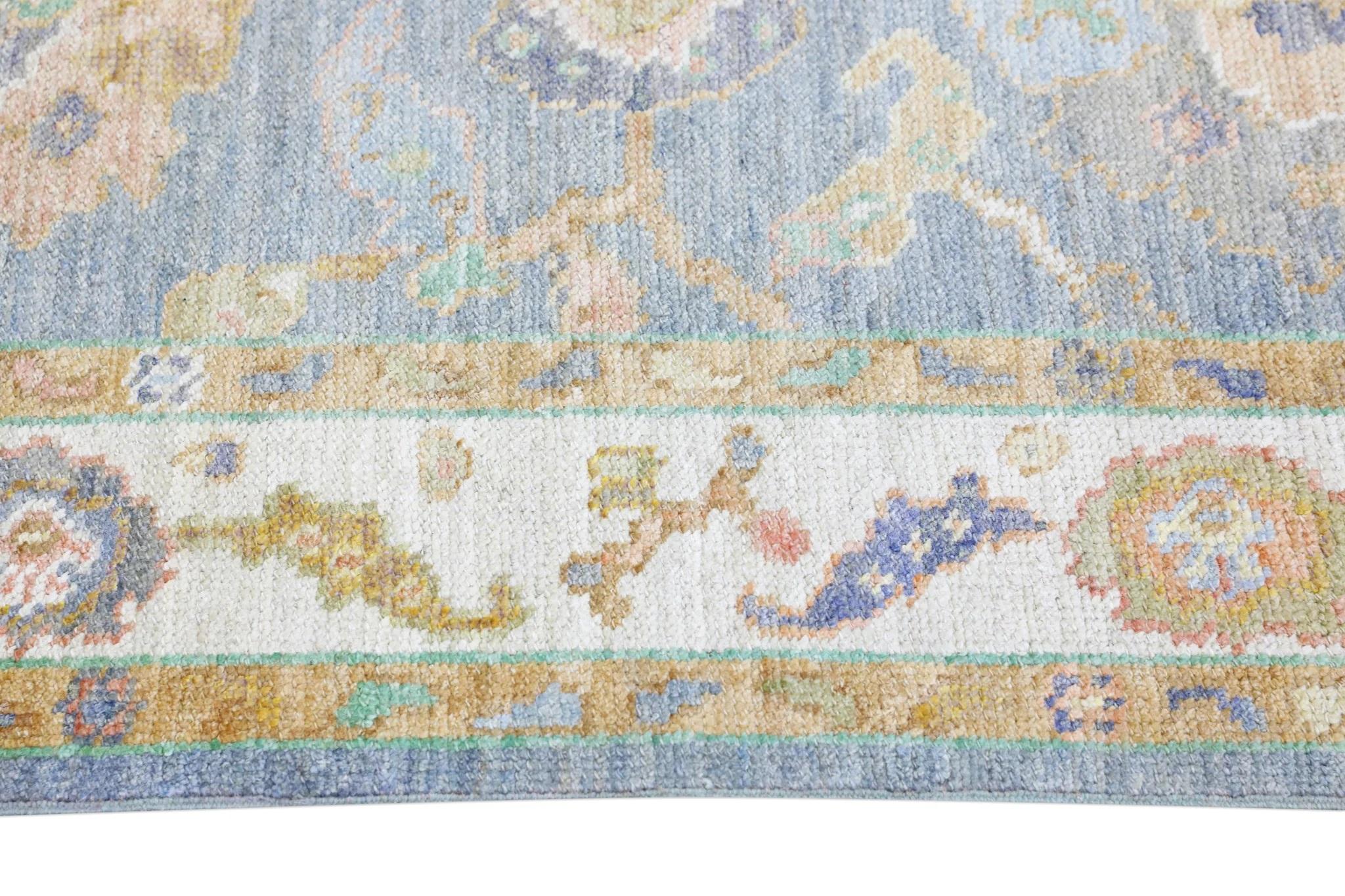 Floral Handwoven Wool Turkish Oushak Rug with Blue Field Yellow Border 2'11 X 5' In New Condition For Sale In Houston, TX