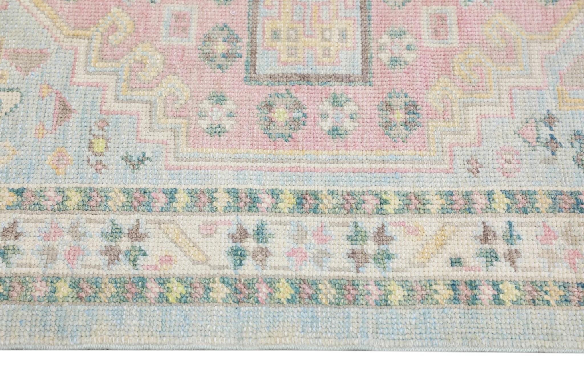 Green/Pink Handwoven Wool Floral Turkish Oushak Rug 3' x 4'6