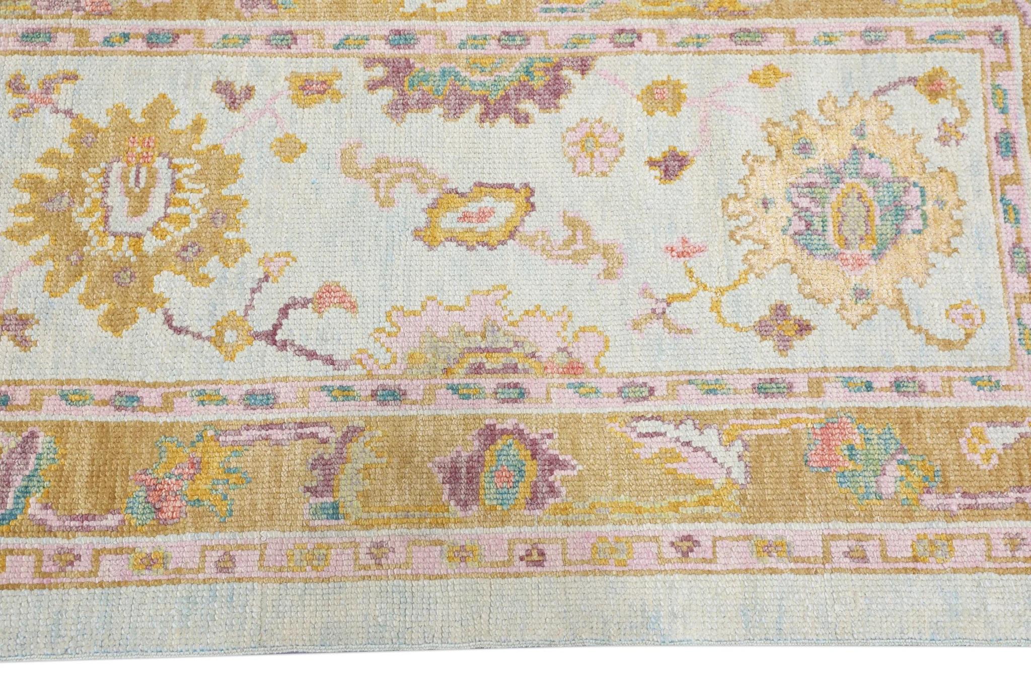 Handwoven Turkish Oushak Rug with Colorful Floral Design 2'10