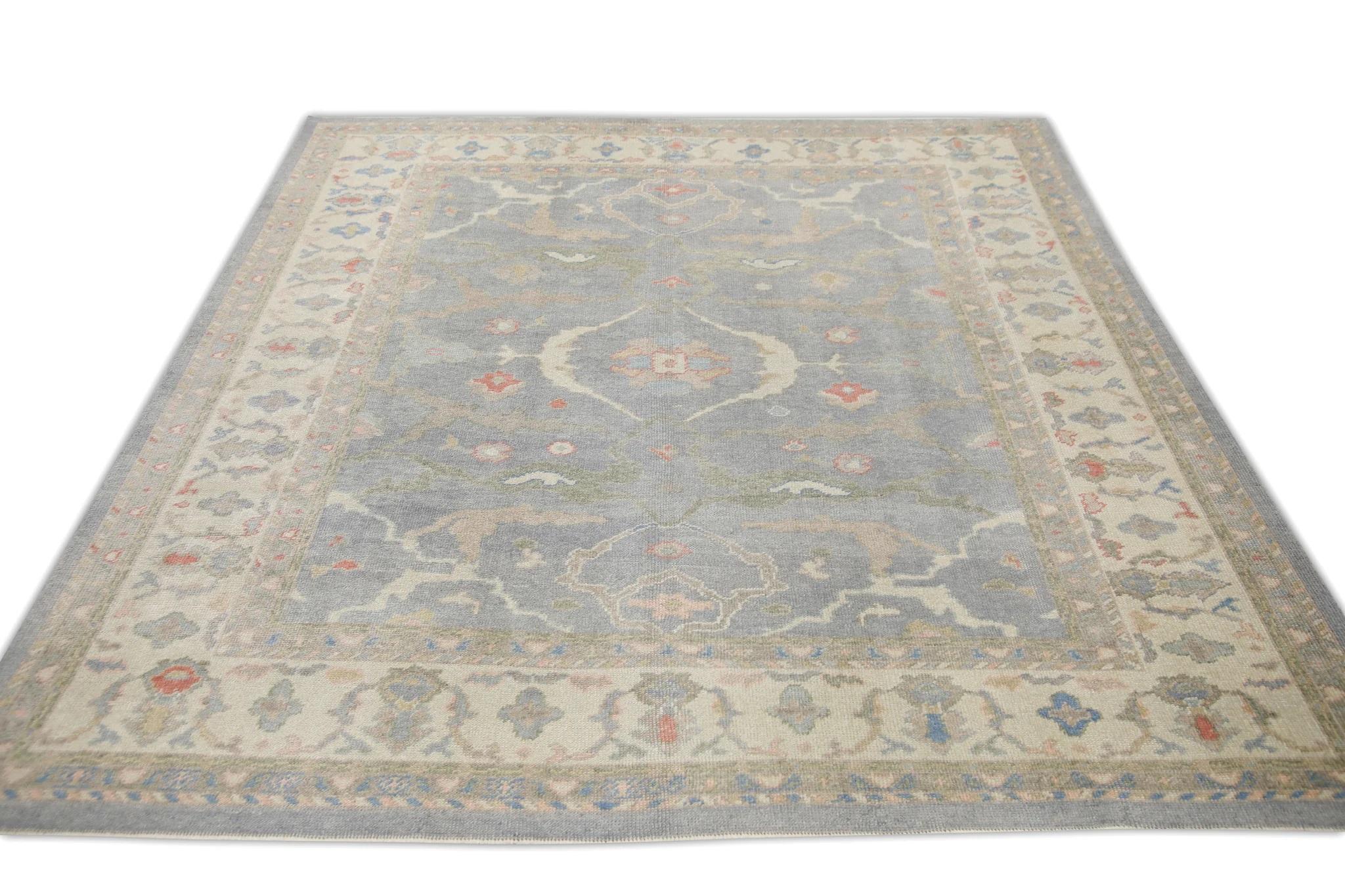 Blue Handwoven Wool Turkish Oushak Rug in Multicolor Floral Pattern 8' x 8'11