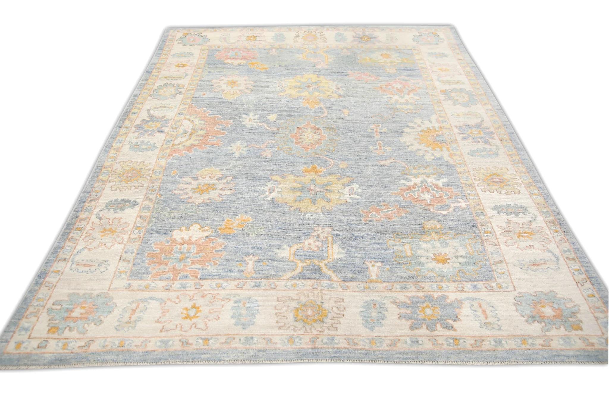Blue Colorful Floral Handwoven Wool Turkish Oushak Rug 7'5