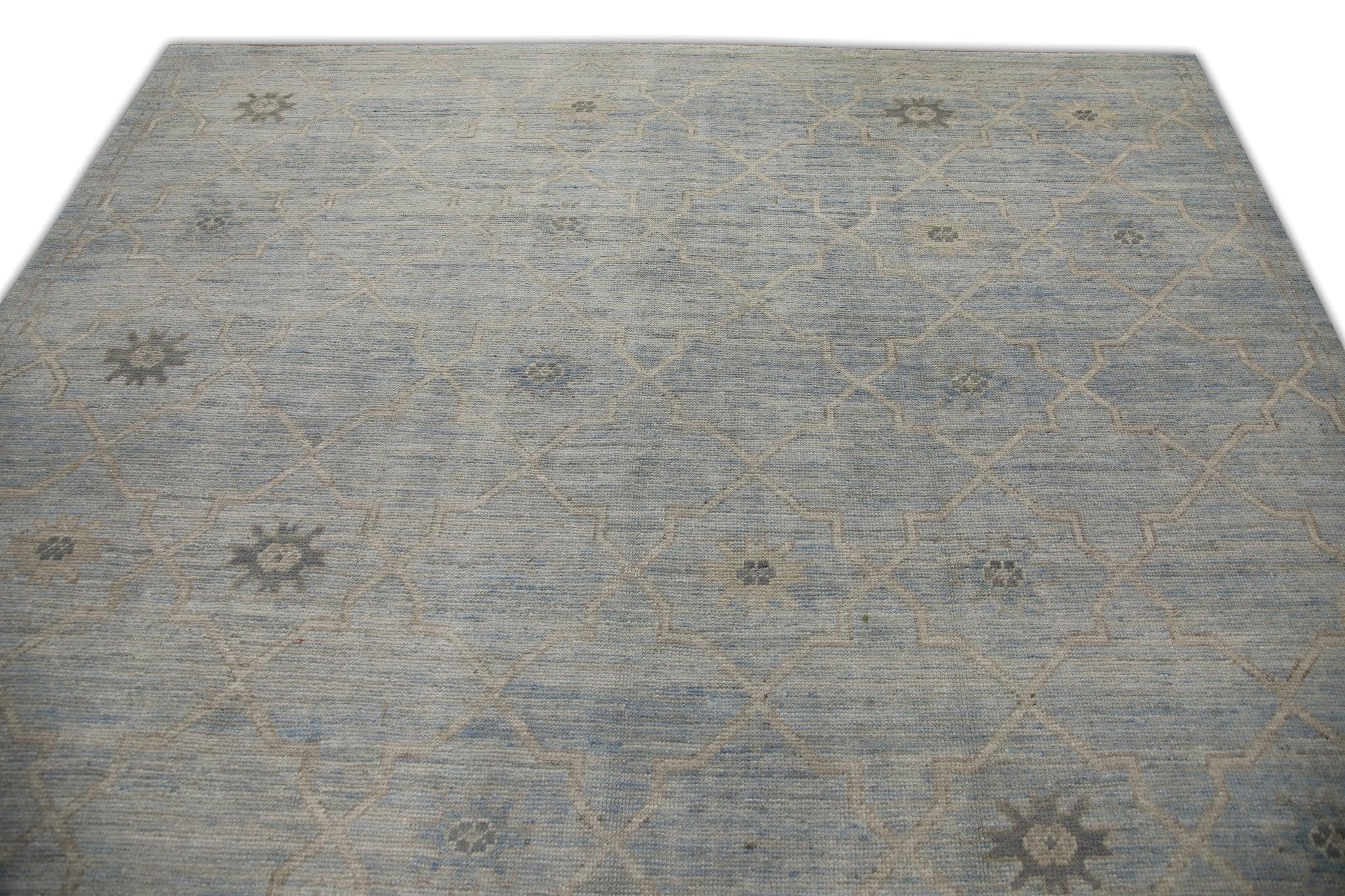 Türkischer Oushak-Teppich aus handgewebter Wolle in Blau, geometrisch, 8'2