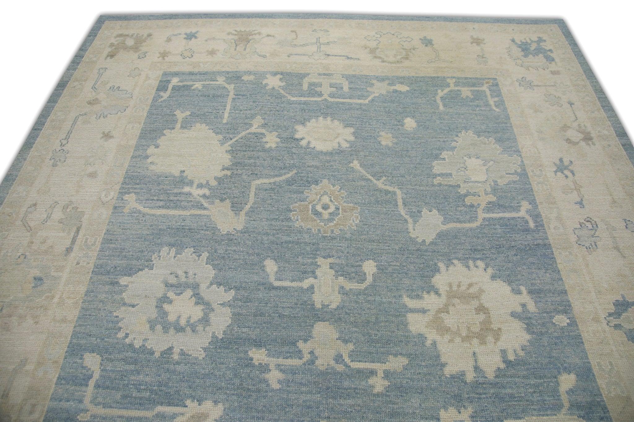 Blue Floral Handwoven Wool Turkish Oushak Rug 8'2