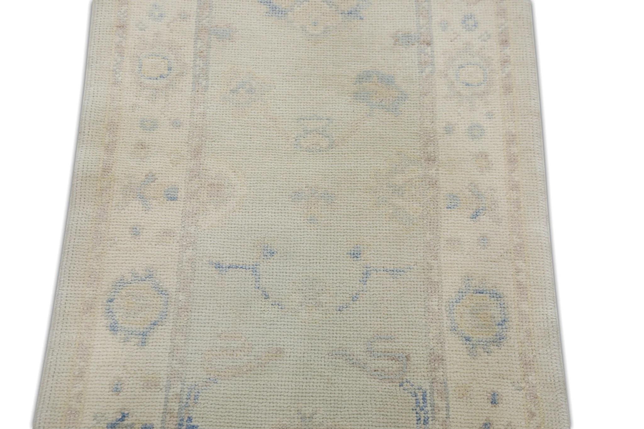 Cream & Blue Floral Handwoven Wool Turkish Oushak Rug 2'6