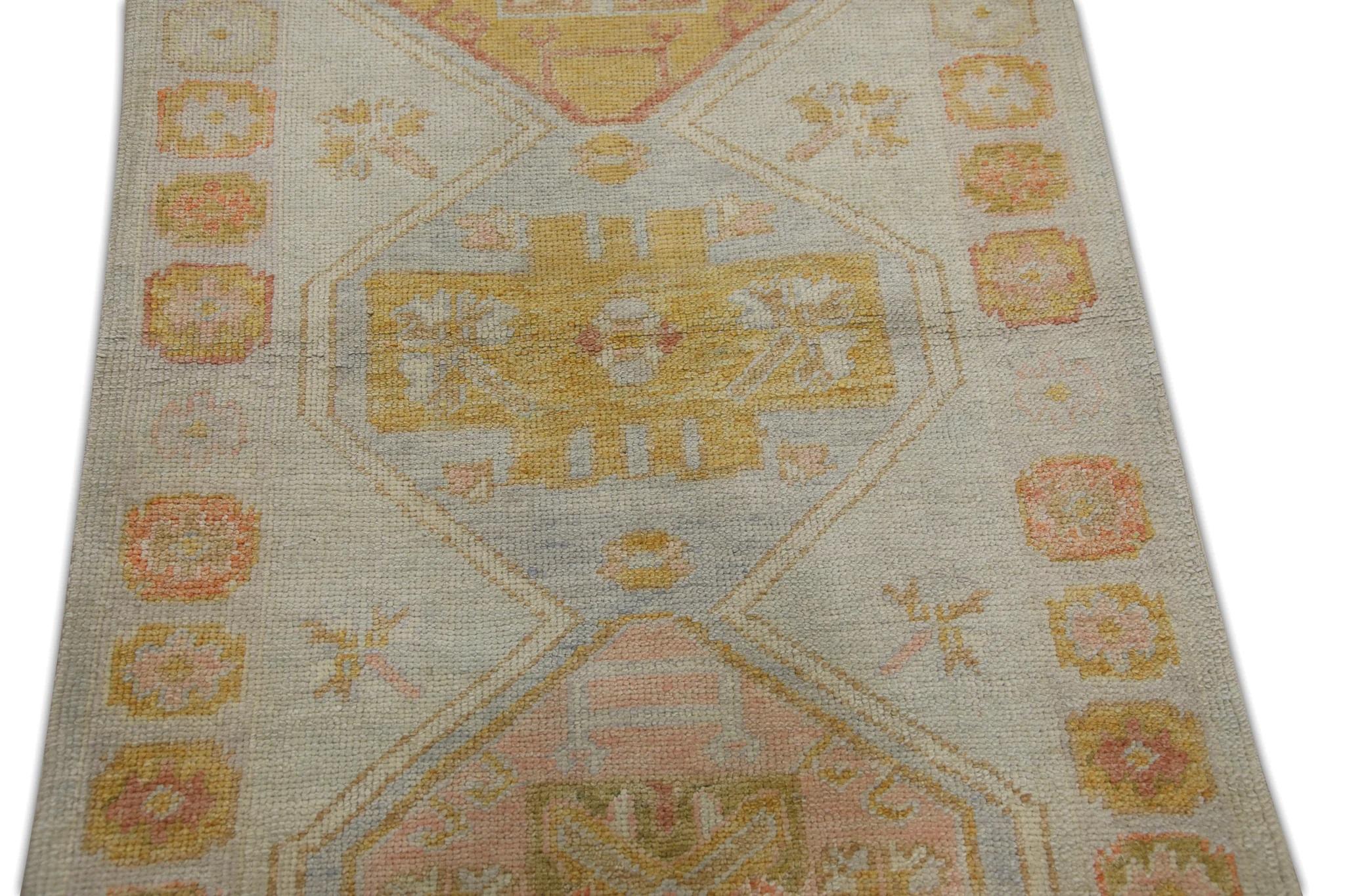 Blue Handwoven Wool Turkish Oushak Rug in Colorful Medallion Pattern 3' x 7'9
